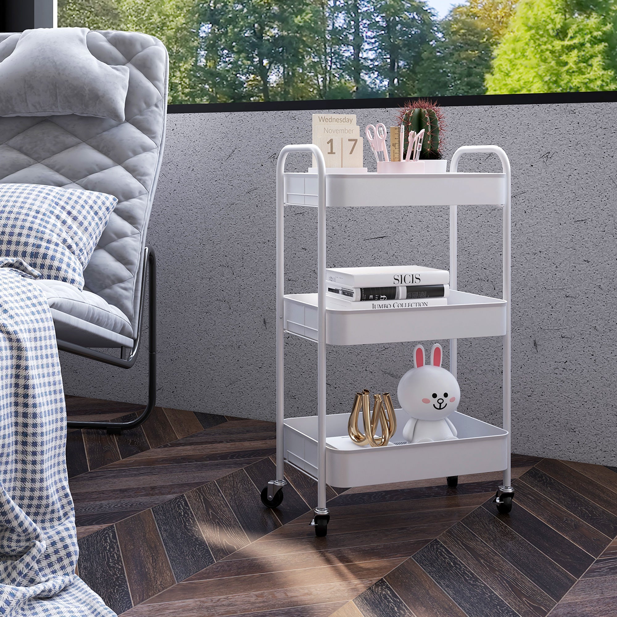 Serving Trolley 3-Shelf Storage Kitchen/Living Room, White Steel