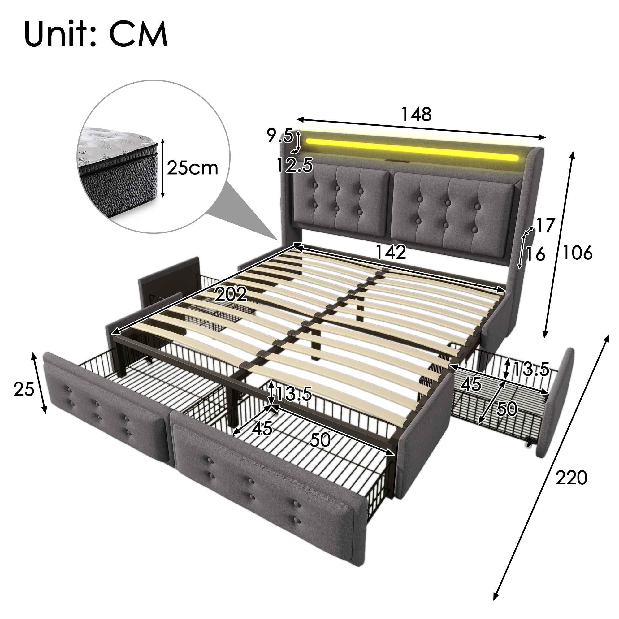 Upholstered Bed, 140x200 Double with LED Headboard, USB C & 4 Drawers, Gray Cotton