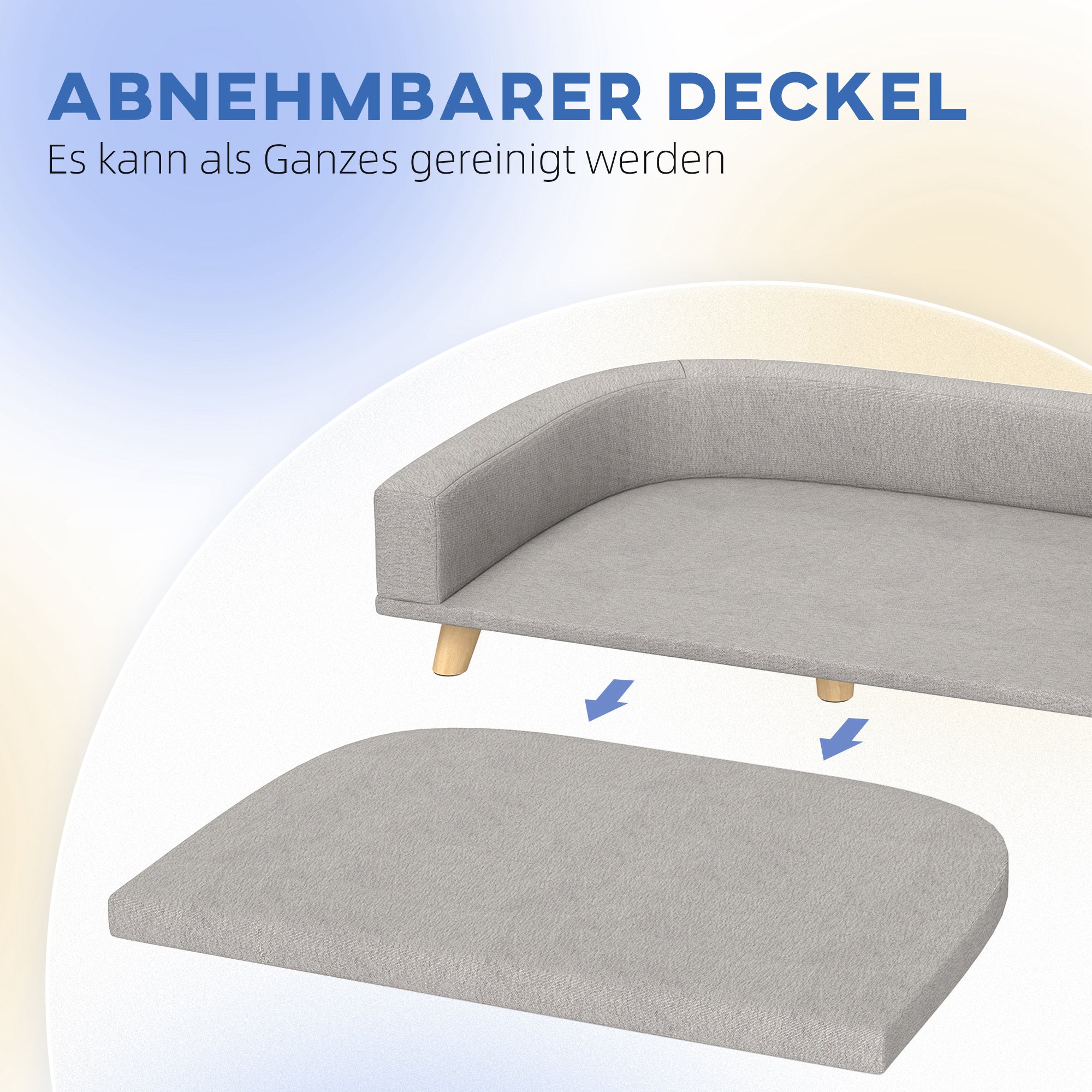 Hundesofa, erhöht, mit Kissen, Holzbeine, Grau