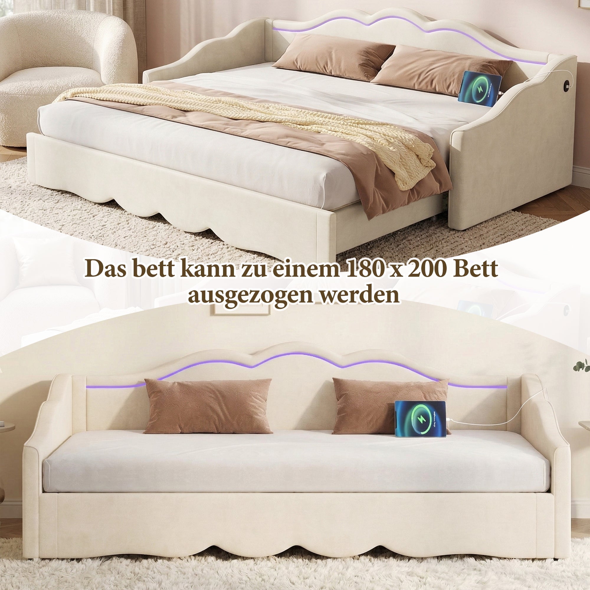 Upholstered Daybed, 90x200cm Extendable to 180cm with LED and USB Port, Beige Velvet