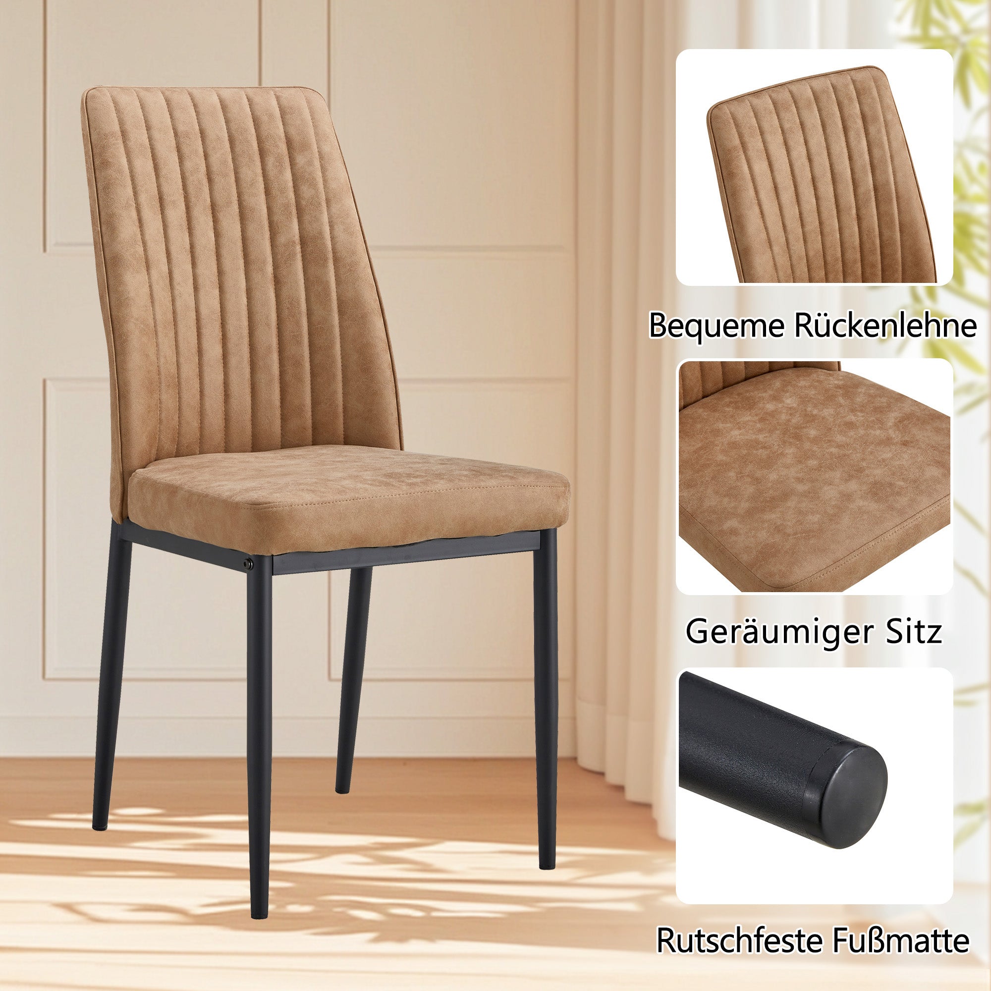 Dining Set Round 100cm Table Storage 4 Chairs - Black Wood Look/Brown Fabric