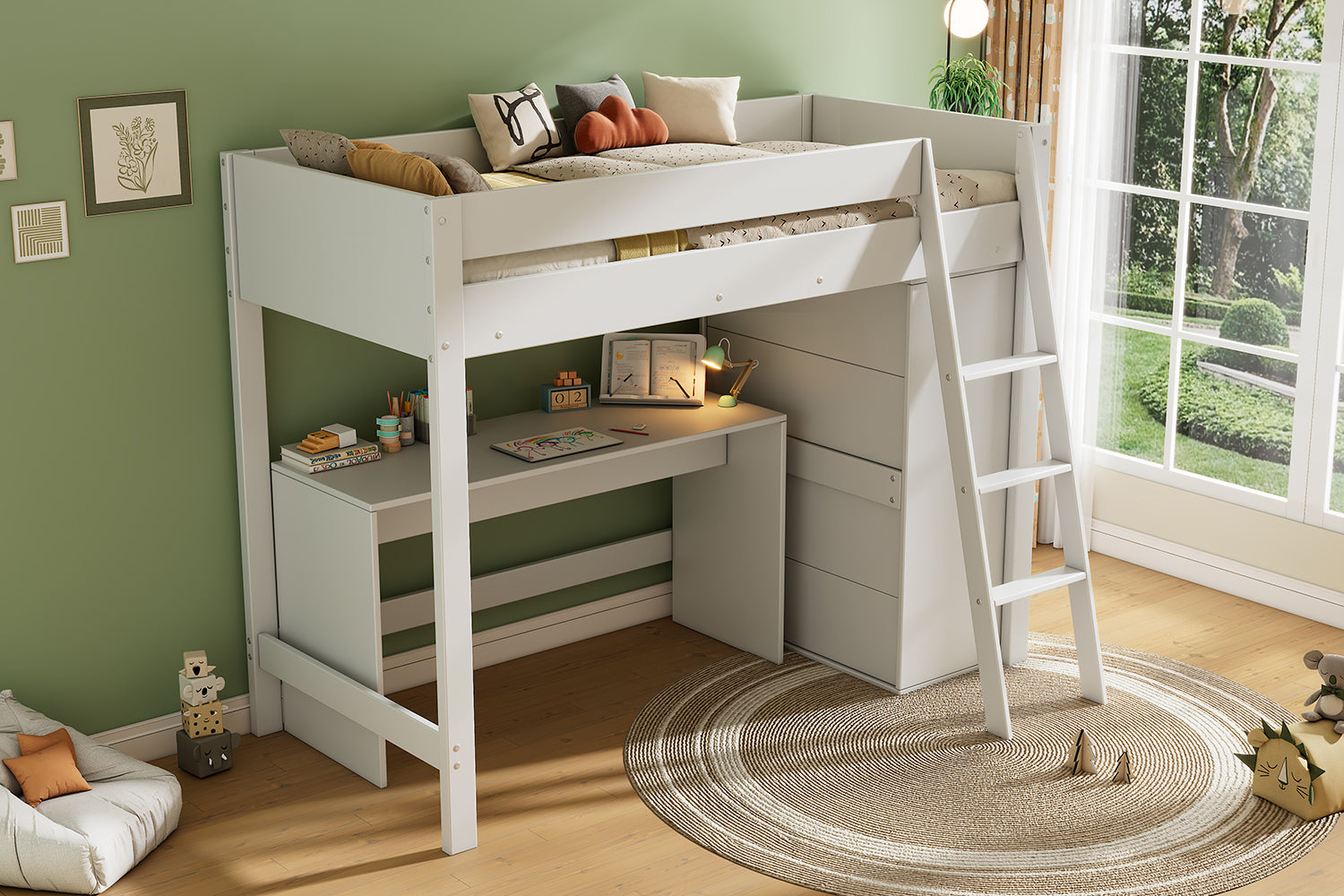 Children's Loft Bed 90x200cm Multifunctional Desk Wardrobe Solid Wood - White