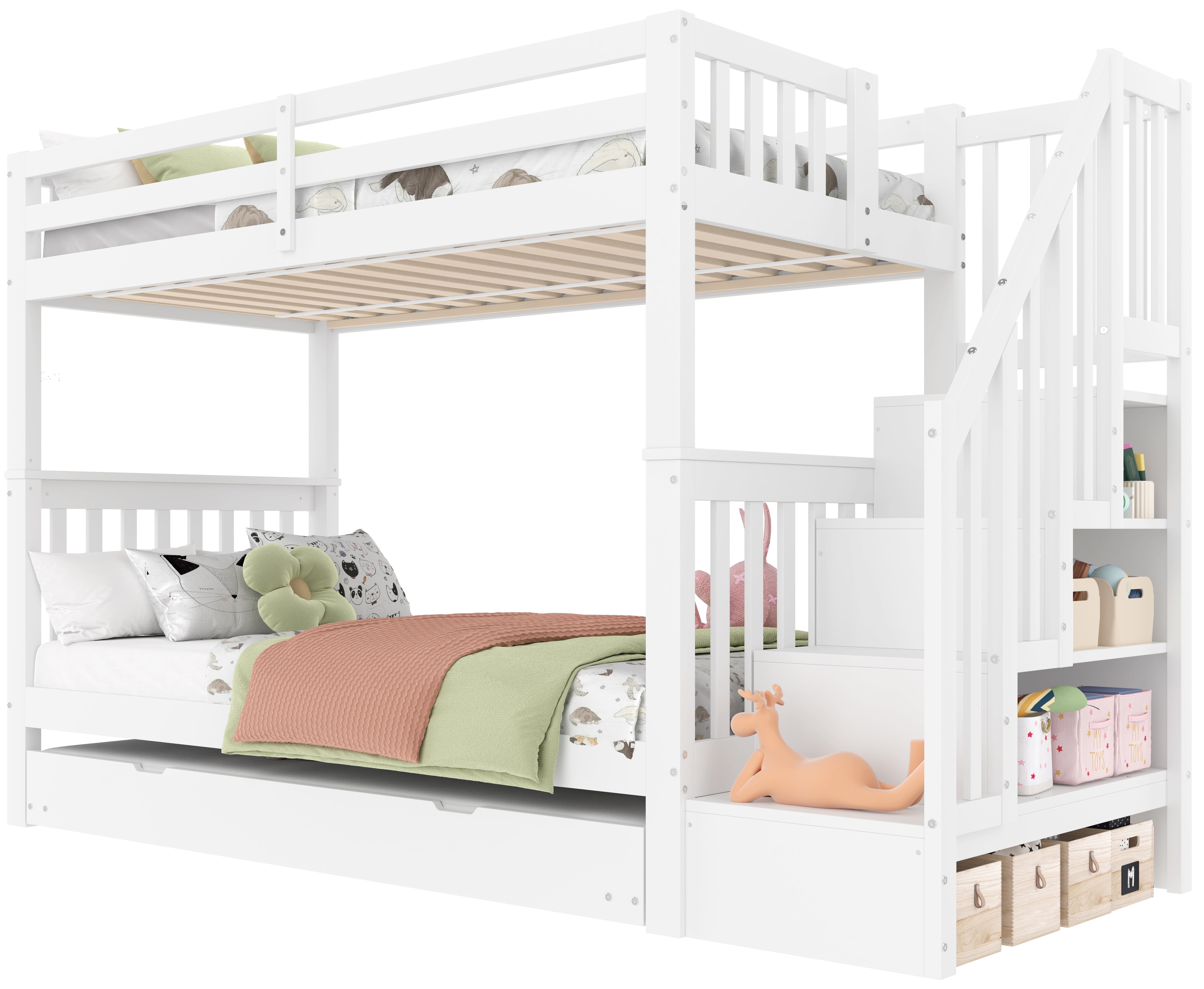 Bunk Bed with Staircase Storage and Pull-out Trundle, 90x200cm, White Pine and MDF