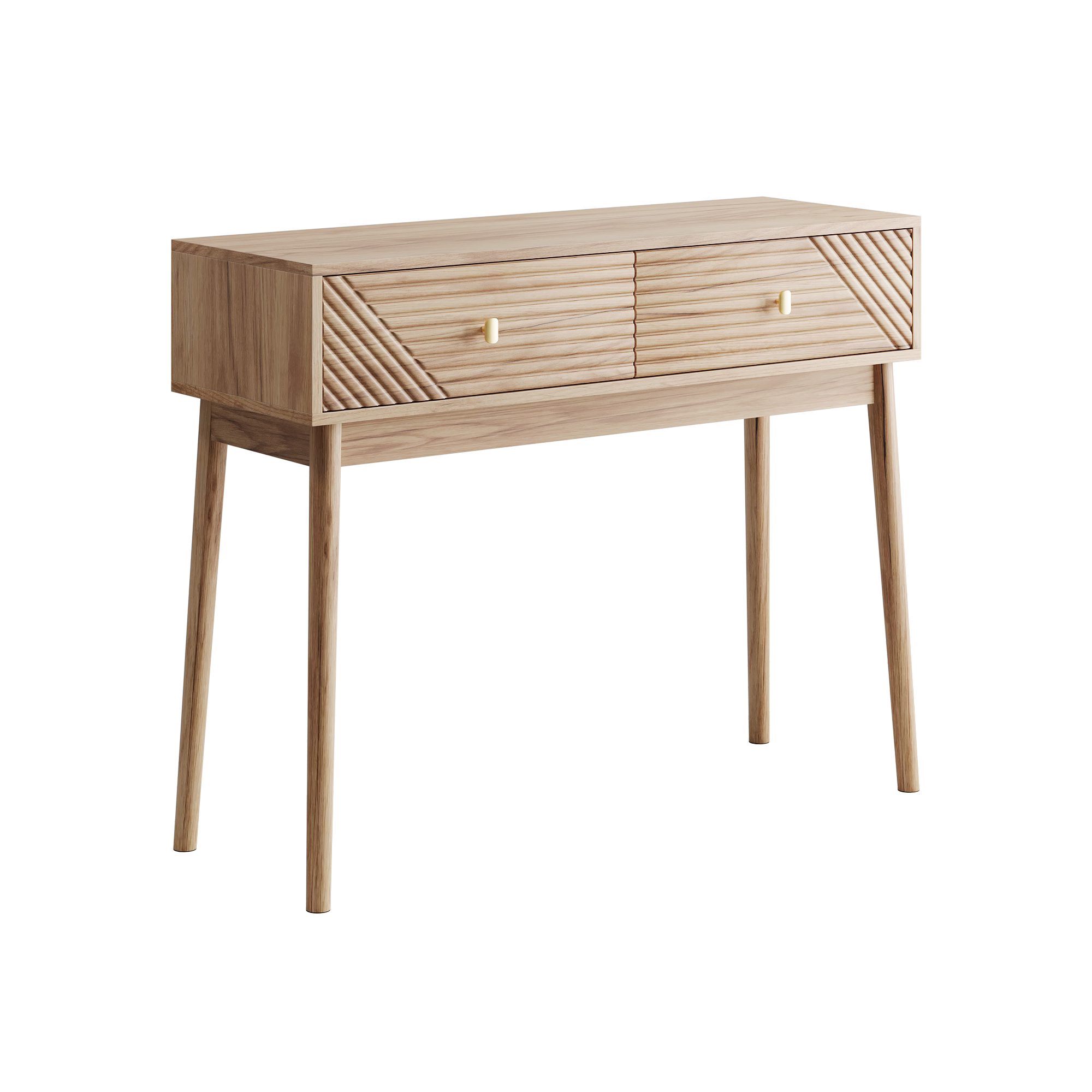 Mid-Century Modern Console Table with Drawers and Open Shelves, Oak Color