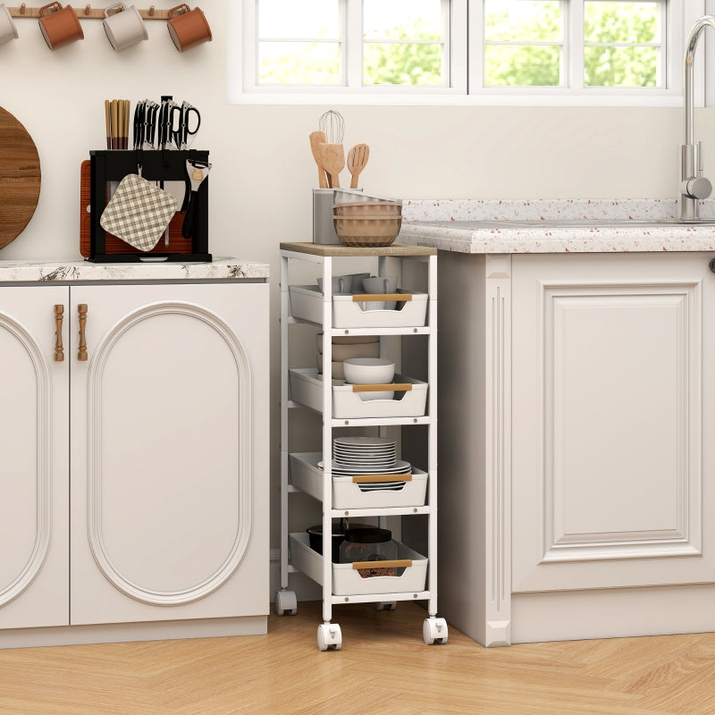 Kitchen Cart 5-Tier Rolling, 4 Drawers, White Wood Effect