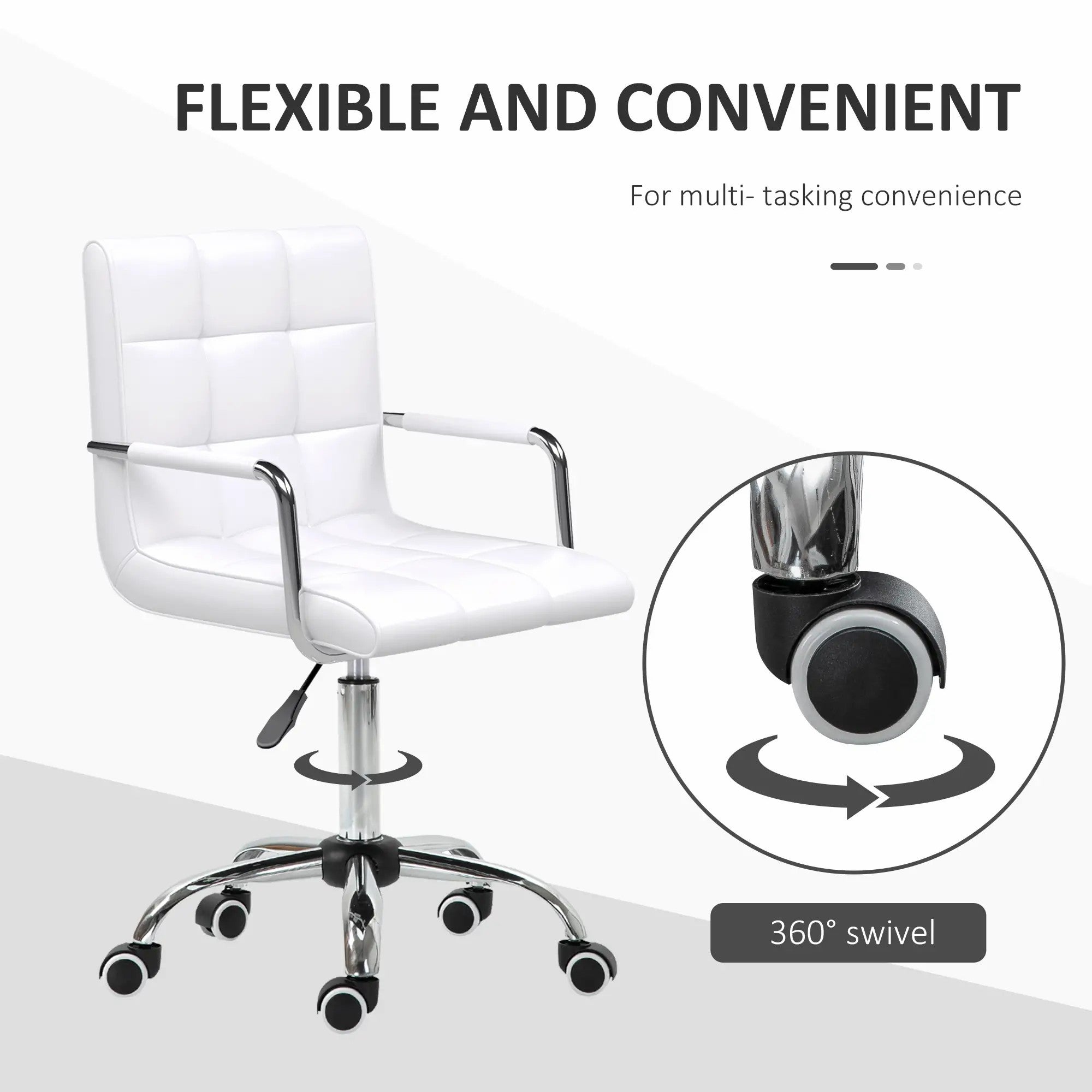 Office Chair Mid Back Computer Chair Swivel with Adjustable Height and Armrest PU Leather, White