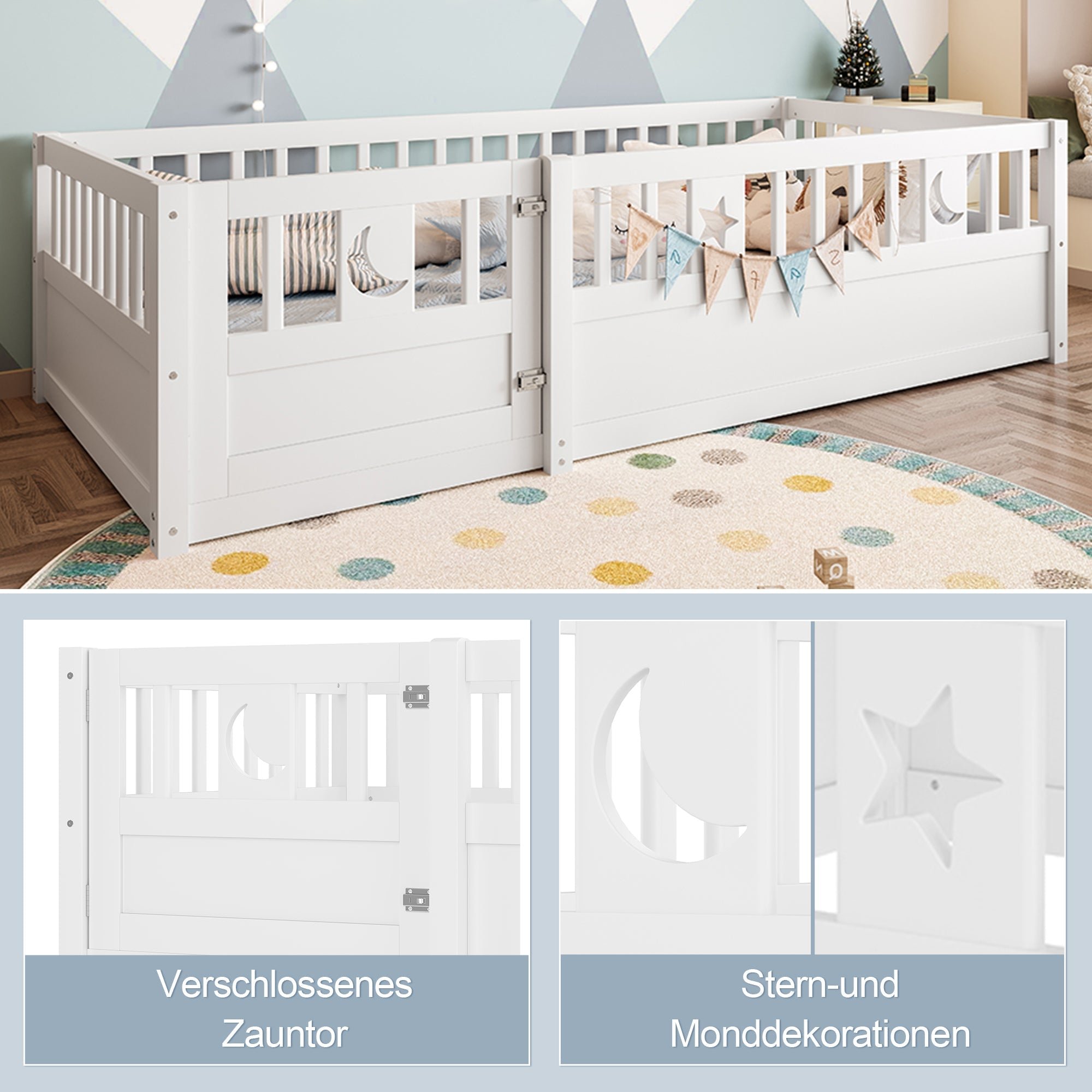 Panel Bed, Children's 90 x 190 cm with Railing Star & Moon Decoration, White