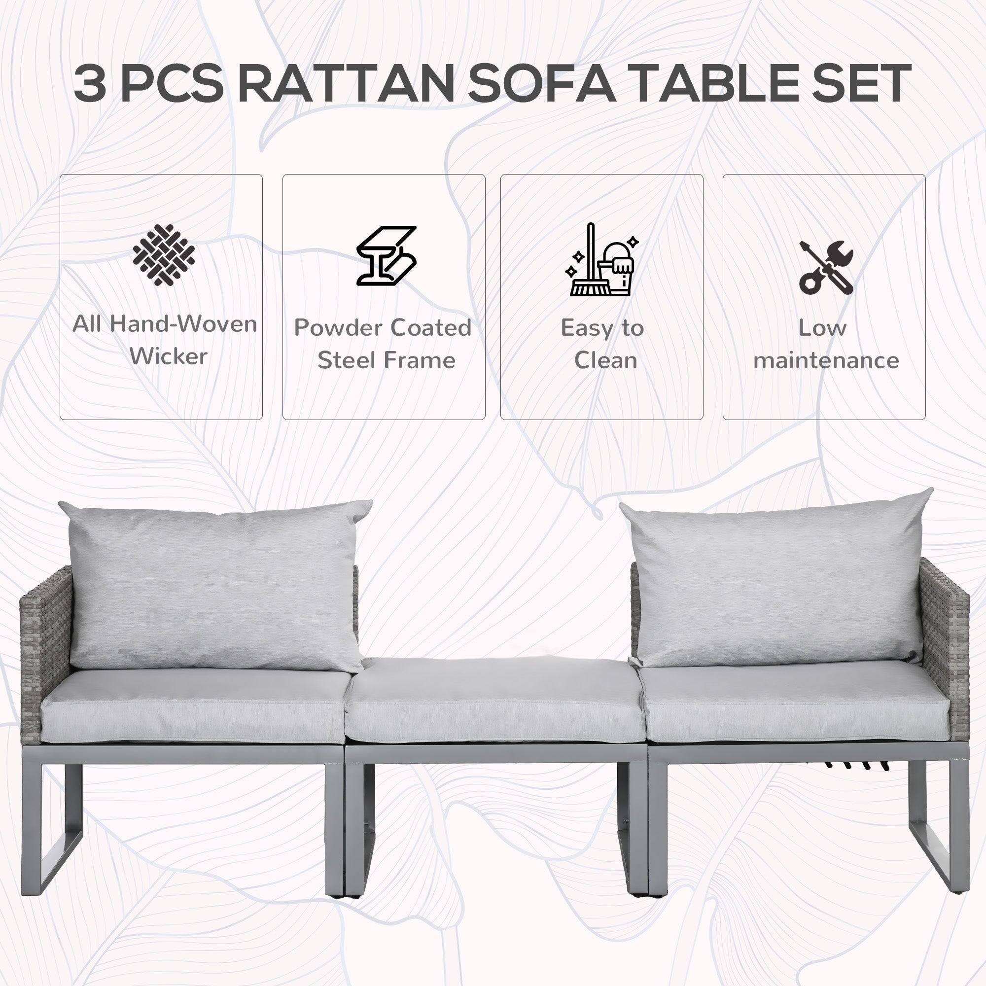 3-in-1 Rattan Bistro Set, Wicker Garden Furniture with 2-level Rising Table & Adjustable Sofa Lounger, Grey