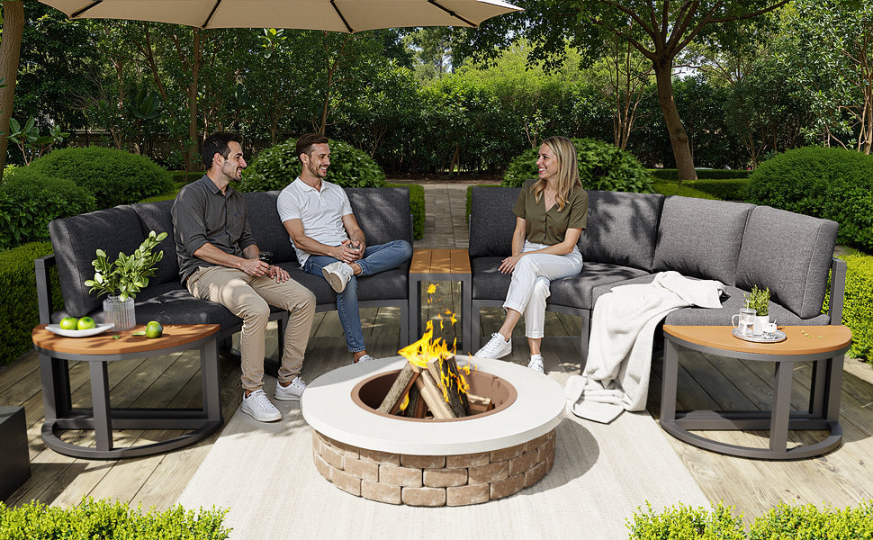 Garden Furniture Set, 4-6 Person Lounge with Round Sofa and Rocking Chair, Grey