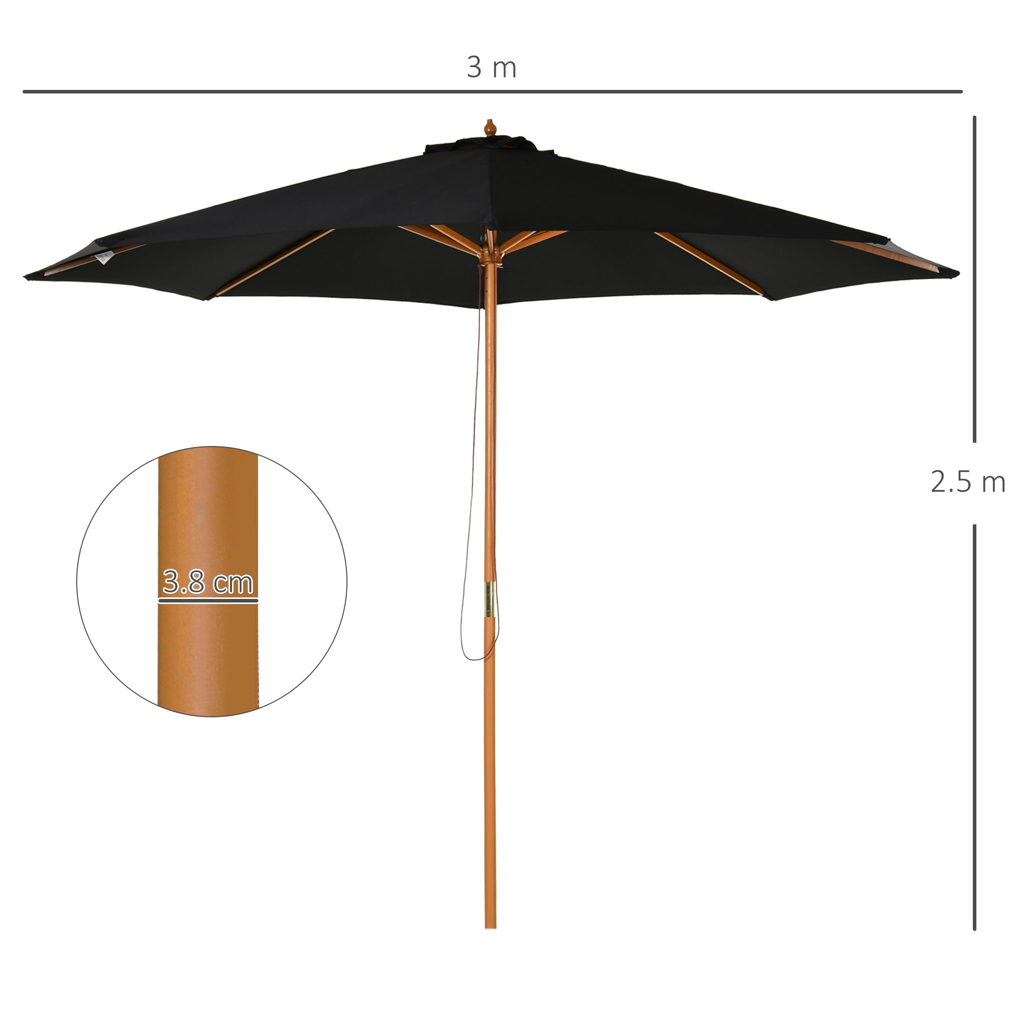 Wooden Parasol 300 cm Garden Balcony Bamboo Black