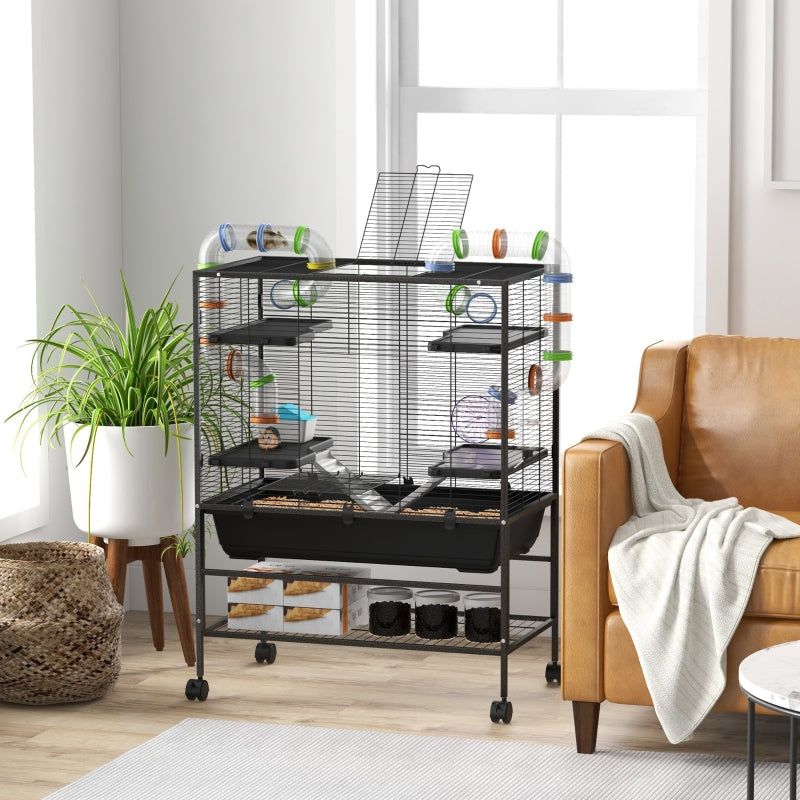 Large Hamster Cage, Gerbil Cage with Tubes, Shelf, Ramps, Platforms, Running Wheel - Black
