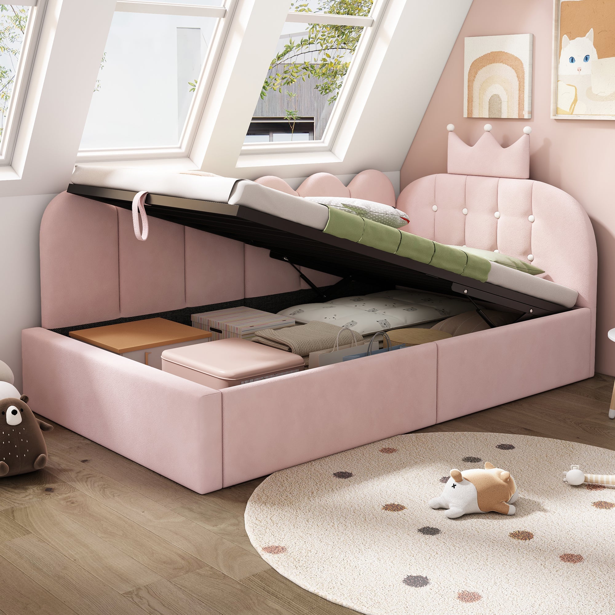Upholstered Daybed with Hydraulic Storage and Crown-Lattice Design, 90x190cm, Pink Velvet