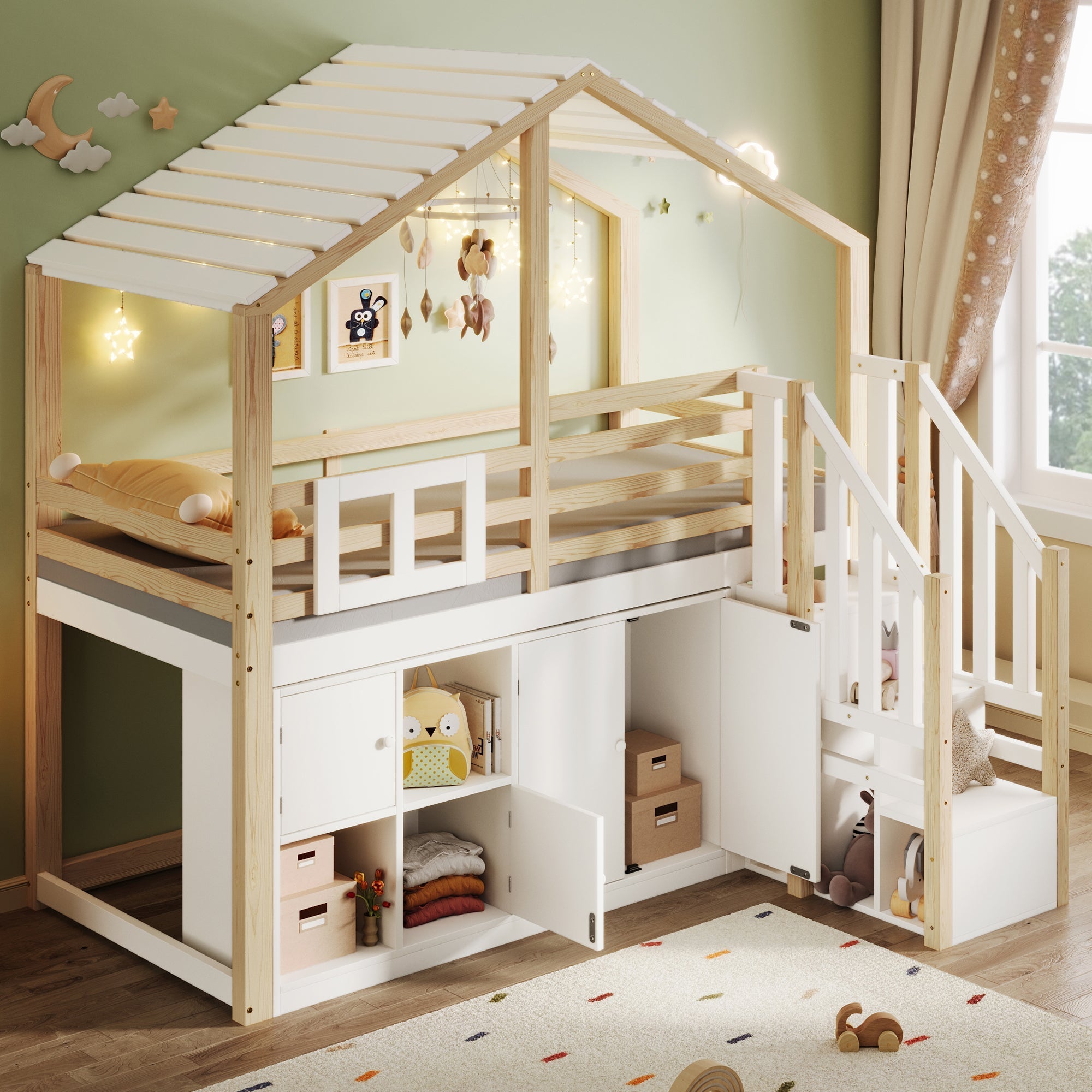 Loft Bed 90x200cm House Design Storage Ladder Lockers - White/Natural