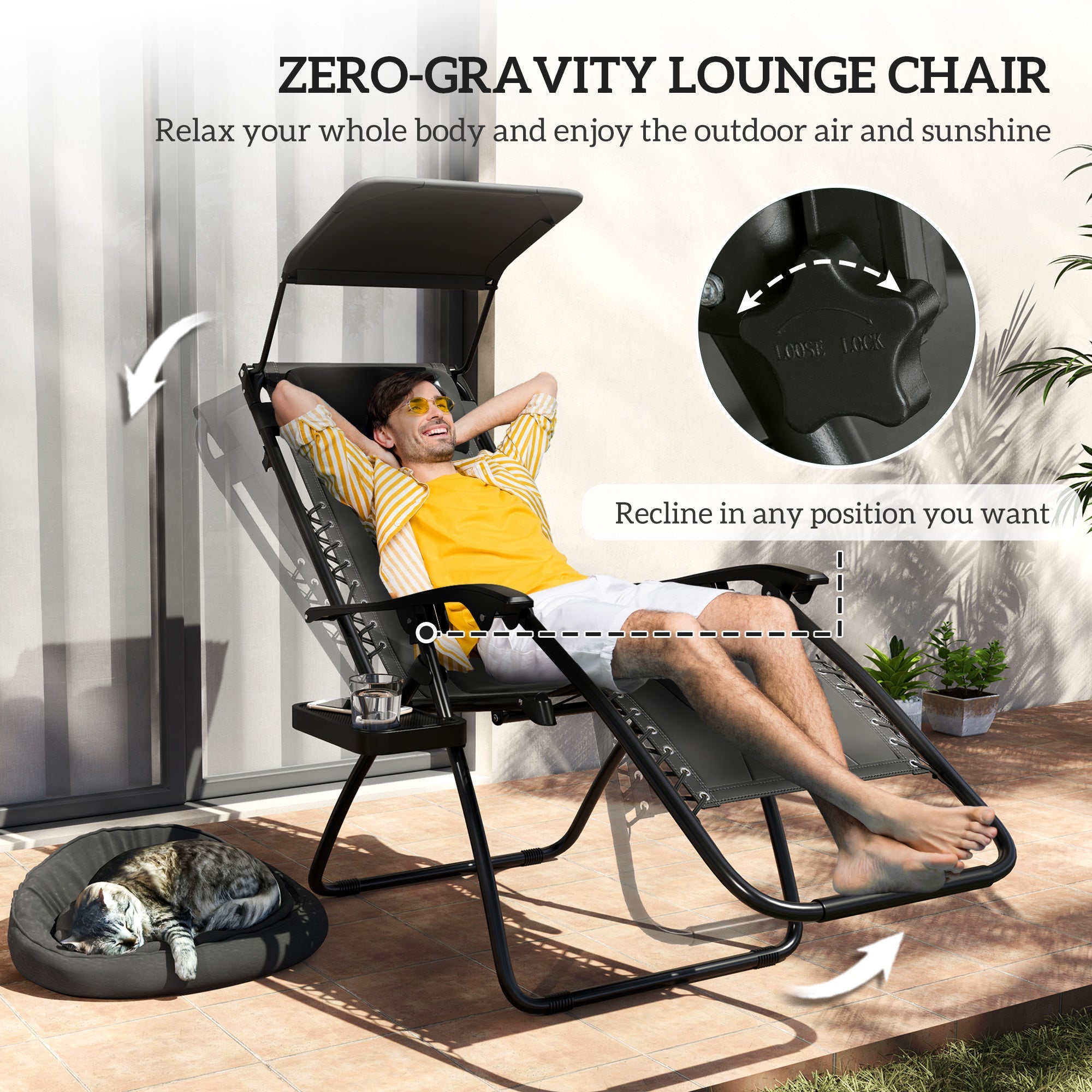 Zero Gravity Lounger Chair Set of 2, Folding Reclining with Shade and Cup Holder, Black