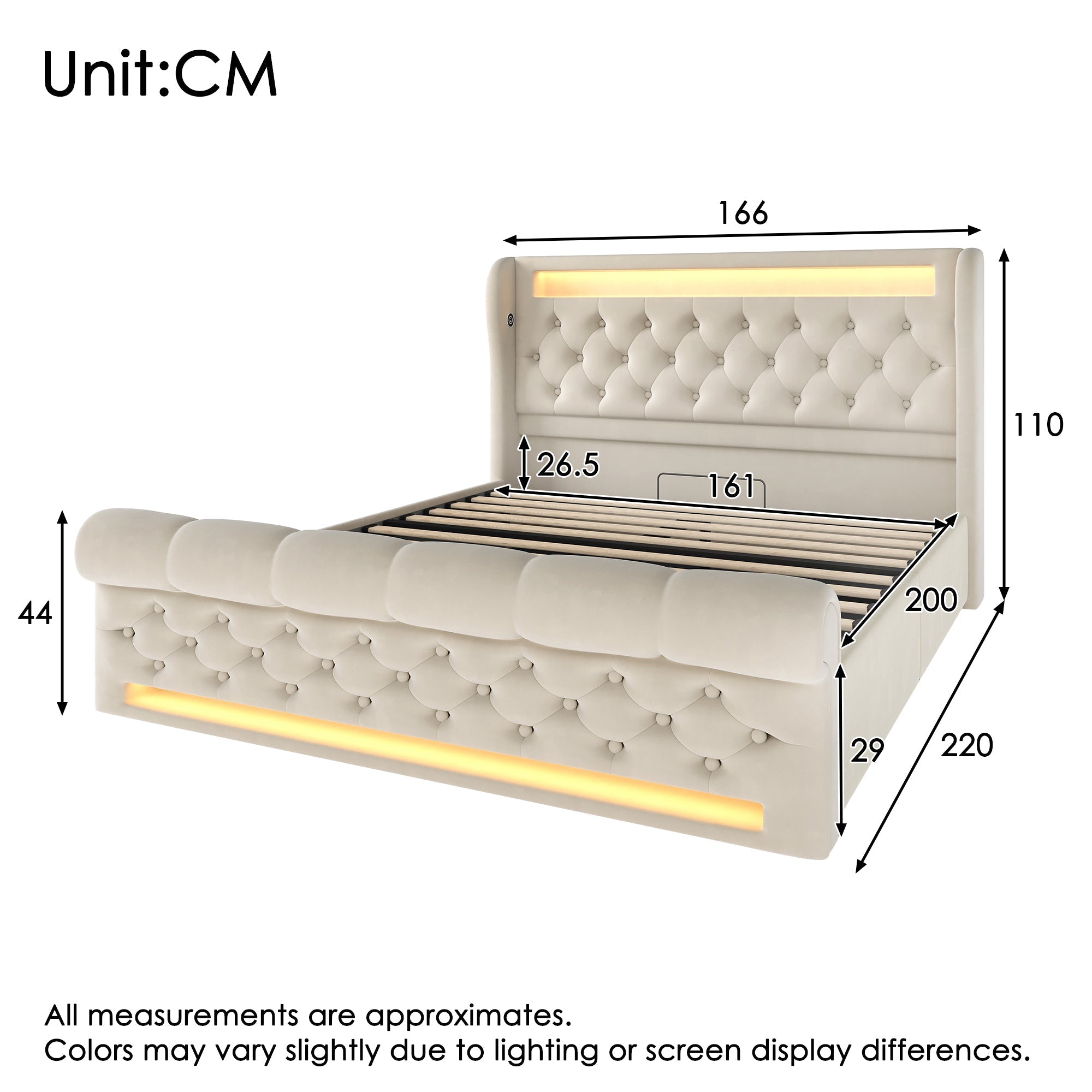 Upholstered Double Bed 160x200cm LED Hydraulic Storage Headboard USB Beige Velvet