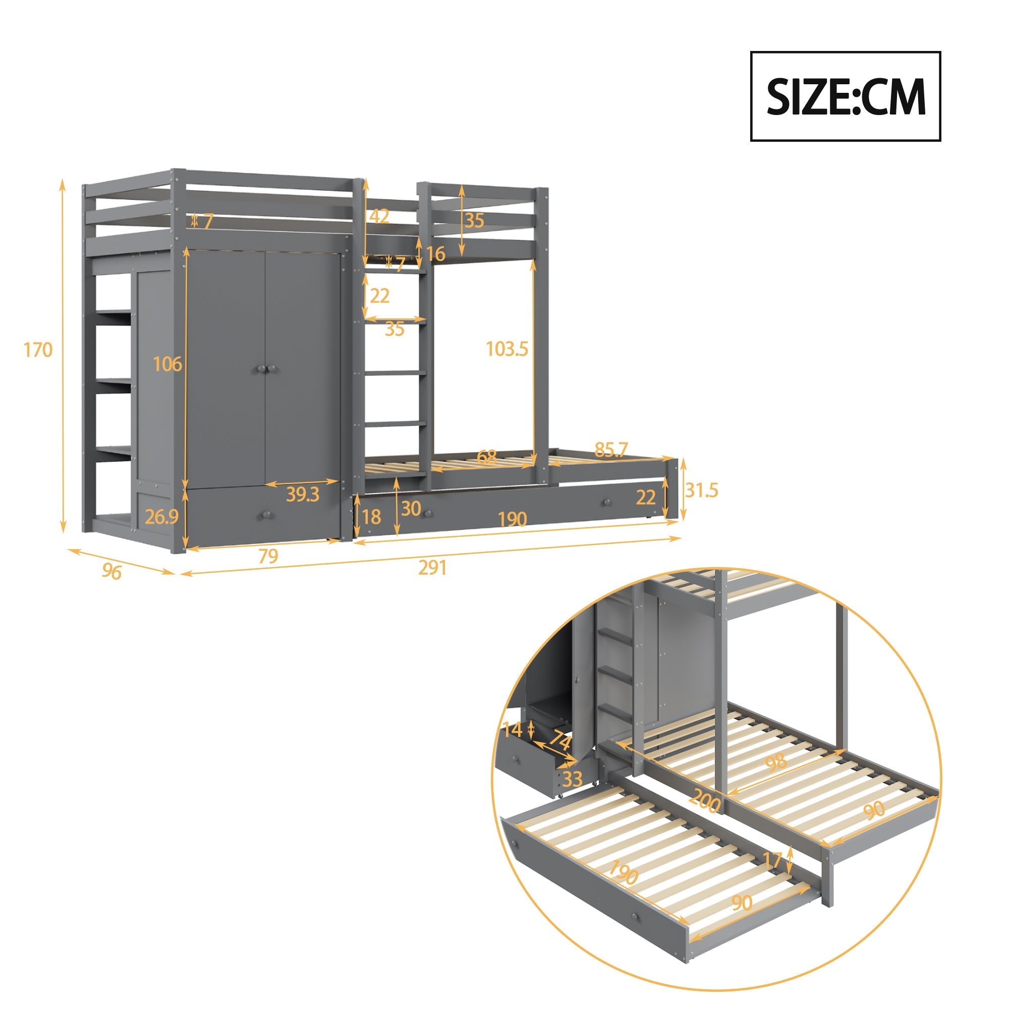 Bunk Bed, 90x200 Pull-Out, Multifunctional with Wardrobe, Drawers & Storage, Solid Wood Grey