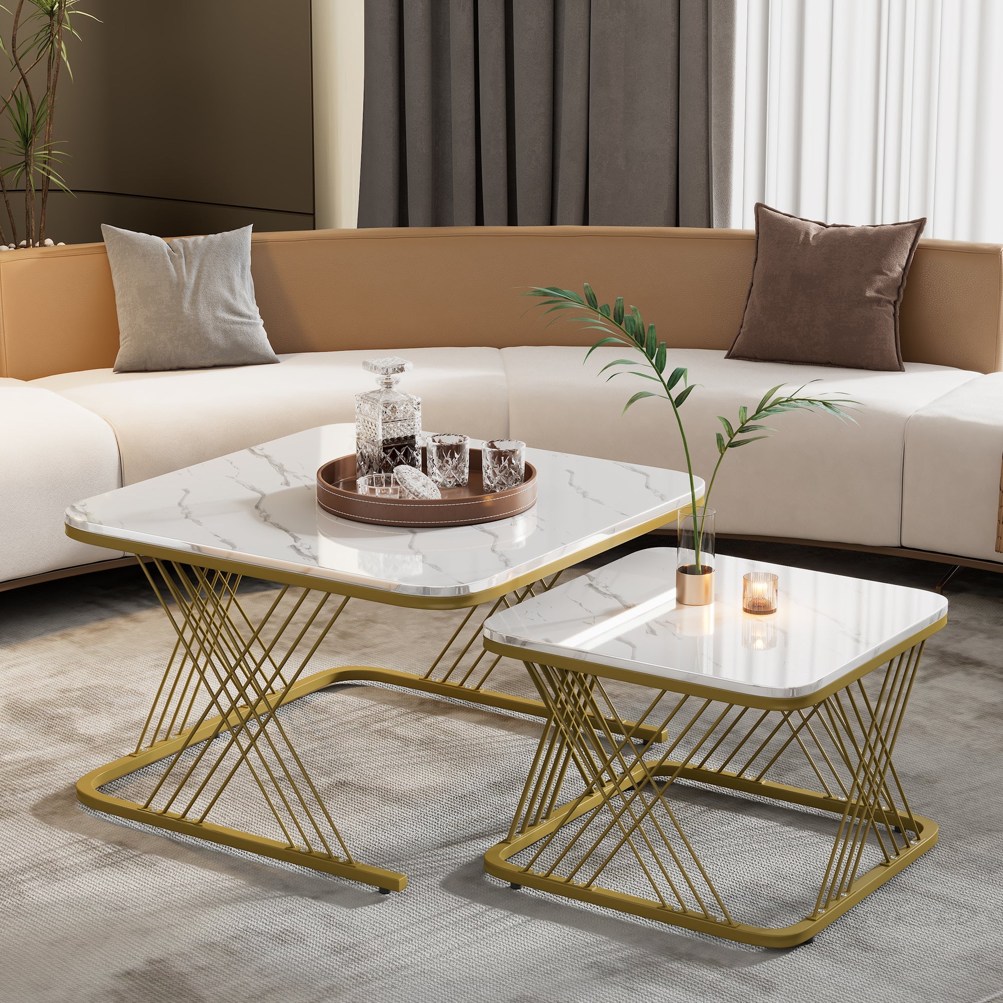 Nest of 2 Tables Coffee Table Set, Gold Metal Frame & Marble Pattern Top, White + Gold