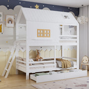 Bunk Bed 90x200cm House Design 2 Drawers Ladder - White/Natural