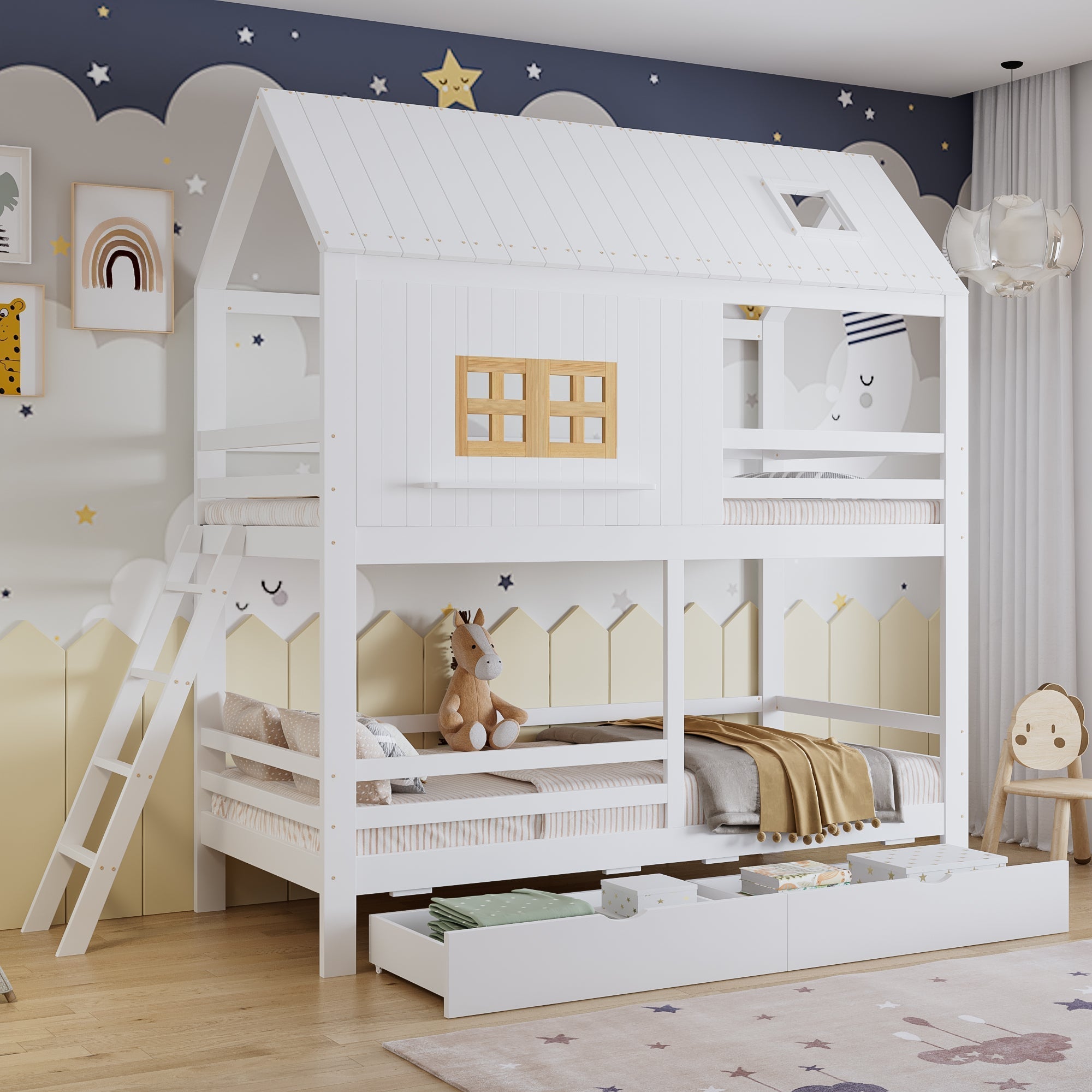 Bunk Bed 90x200cm House Design 2 Drawers Ladder - White/Natural
