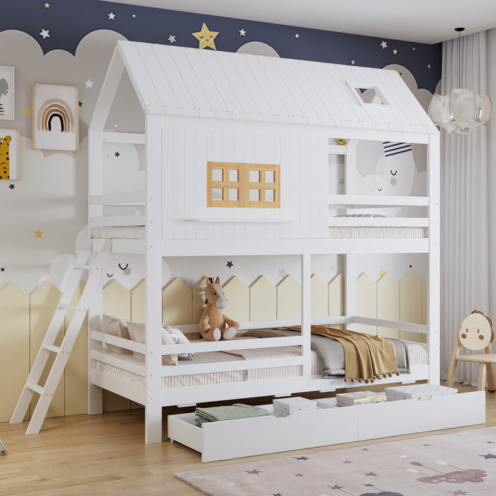 Bunk Bed 90x200cm House Design 2 Drawers Ladder - White/Natural