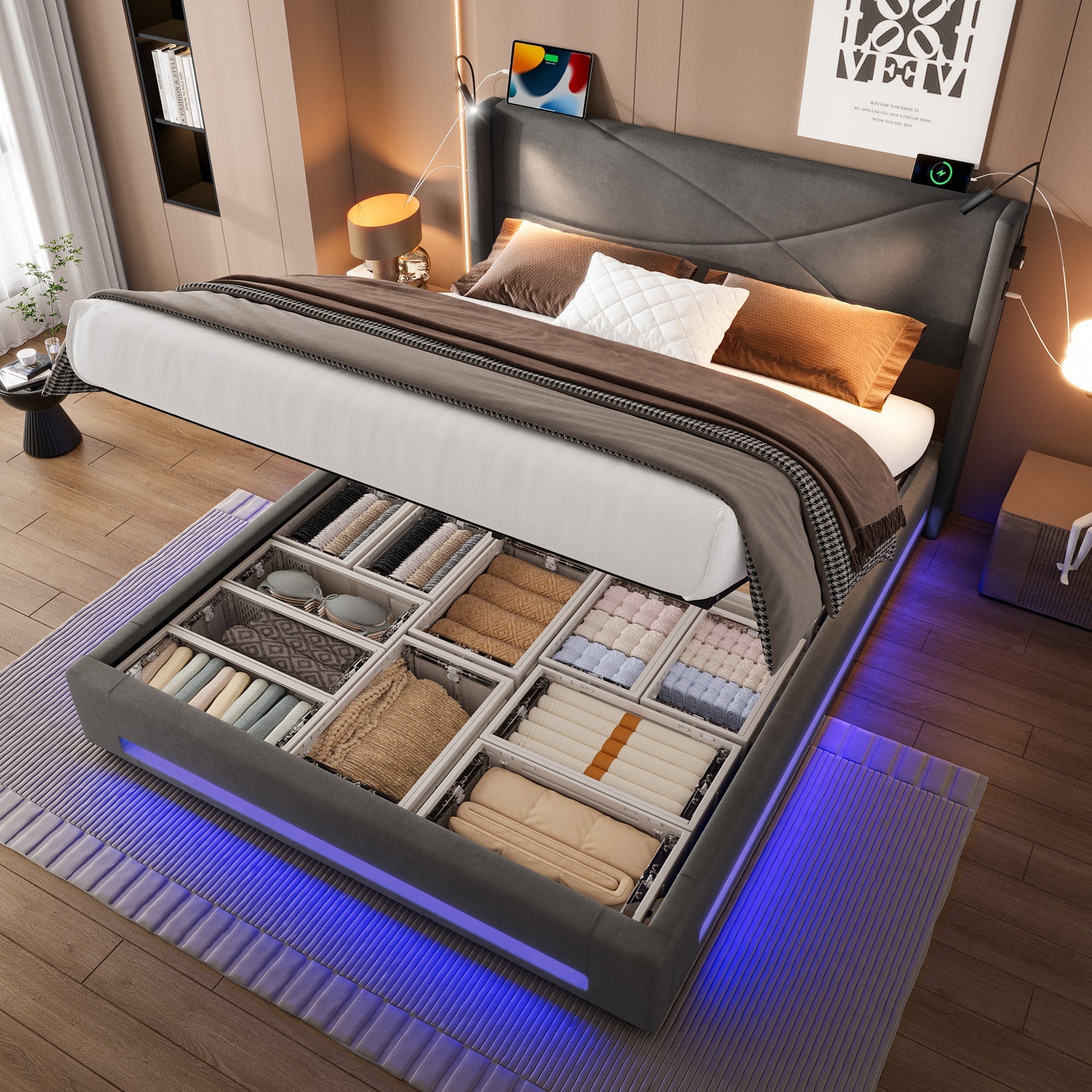 Modern Bed Frame with Reading Lamps, LED, Hydraulic Storage, USB Ports, Dark Gray