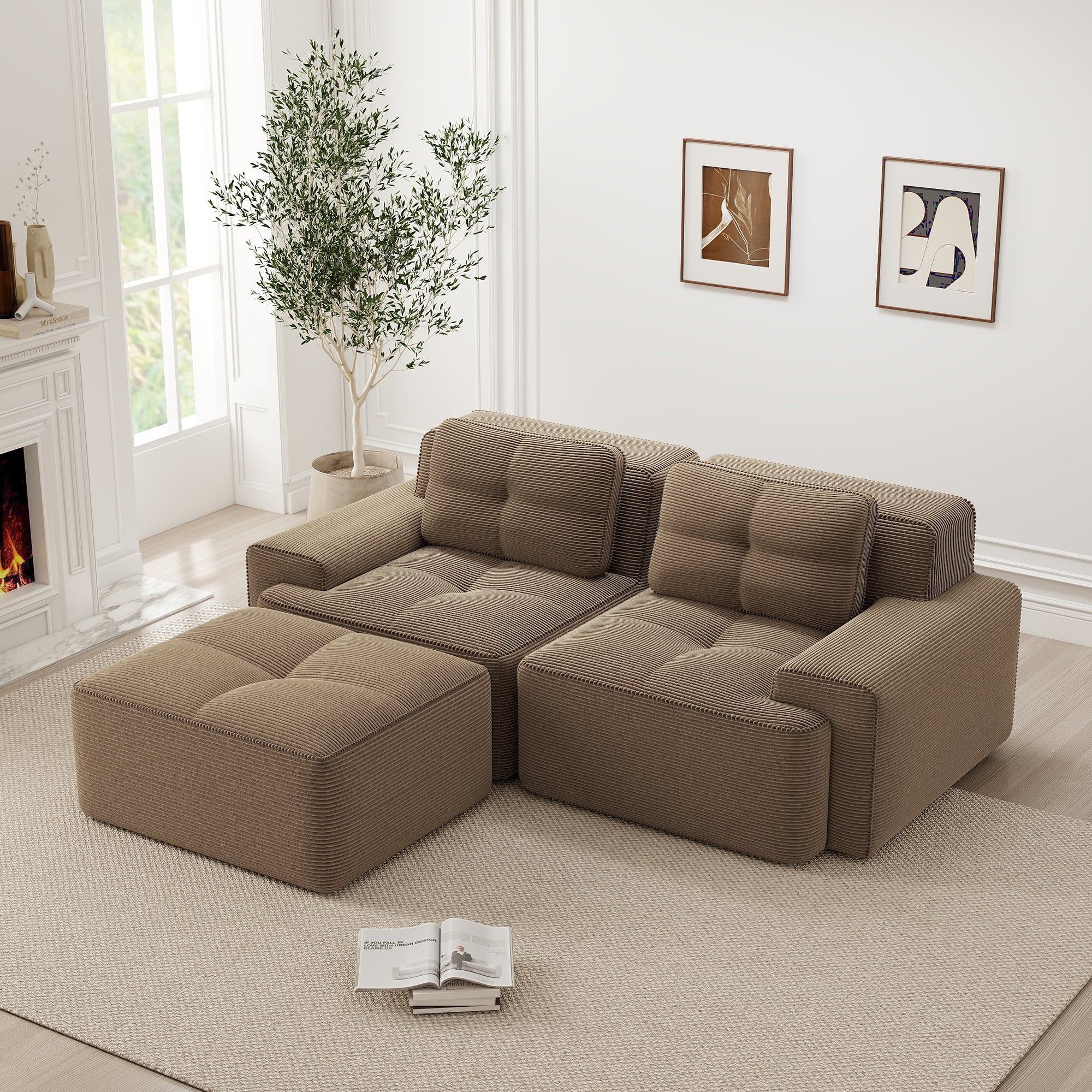 Boneless Modular Sofa L-Shaped Corduroy Sleeper with Ottoman - Brown