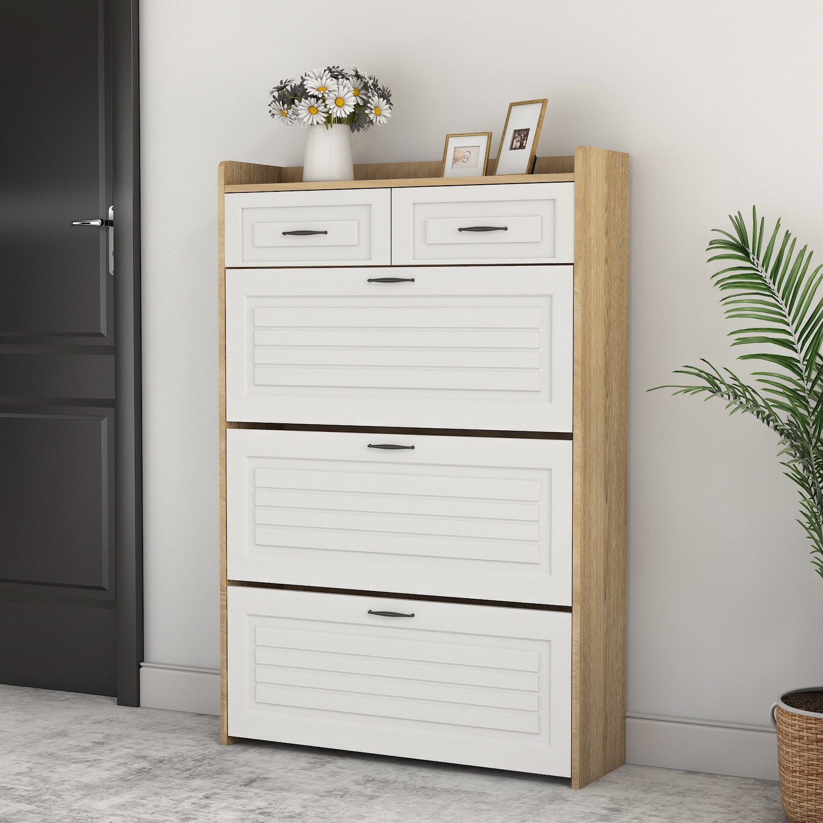 Shoe Cabinet Rotating Shoe Rack with 3 Doors and 2 Drawers Wood