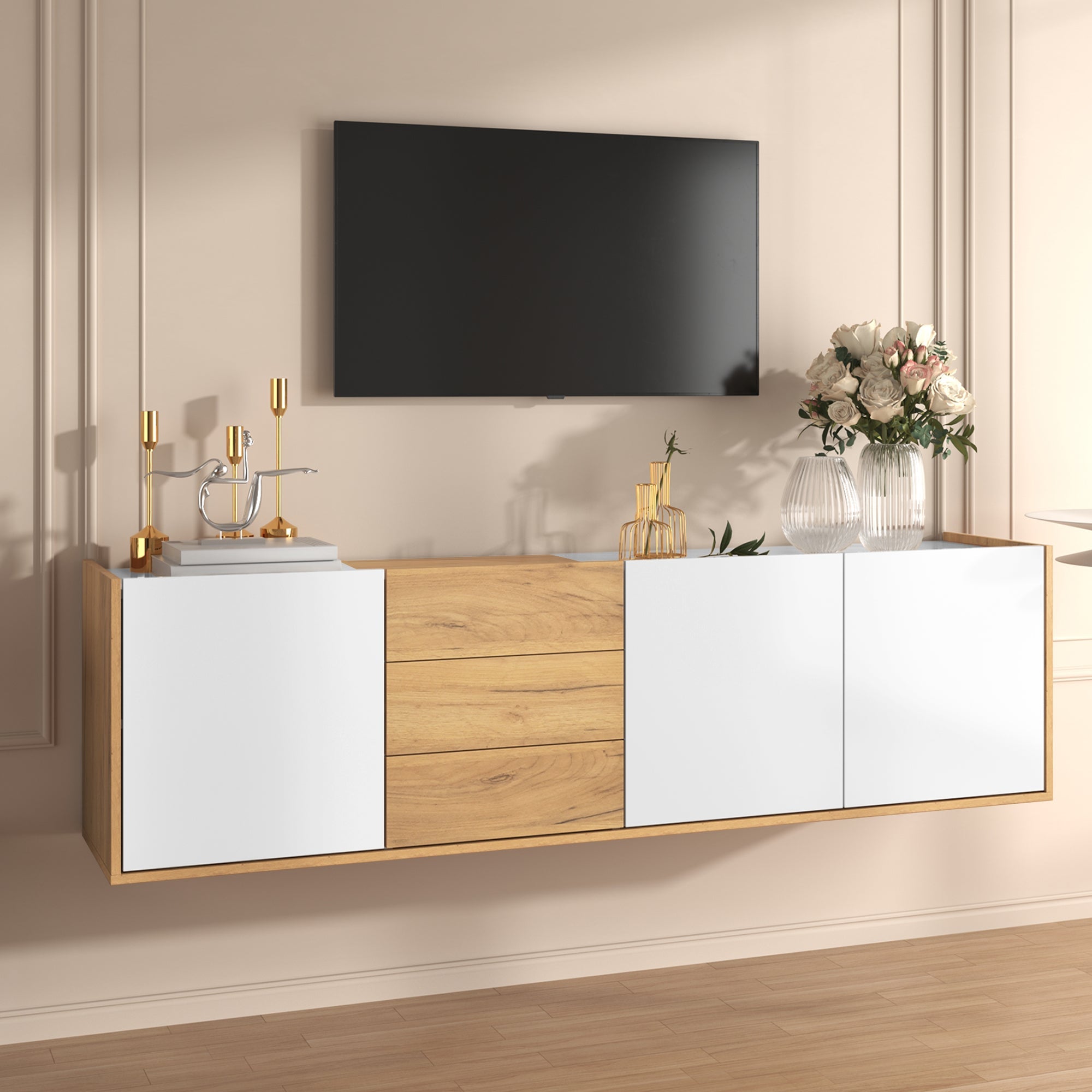 TV Cabinet, Low Panel Wall/Floor Mount, White and Wood