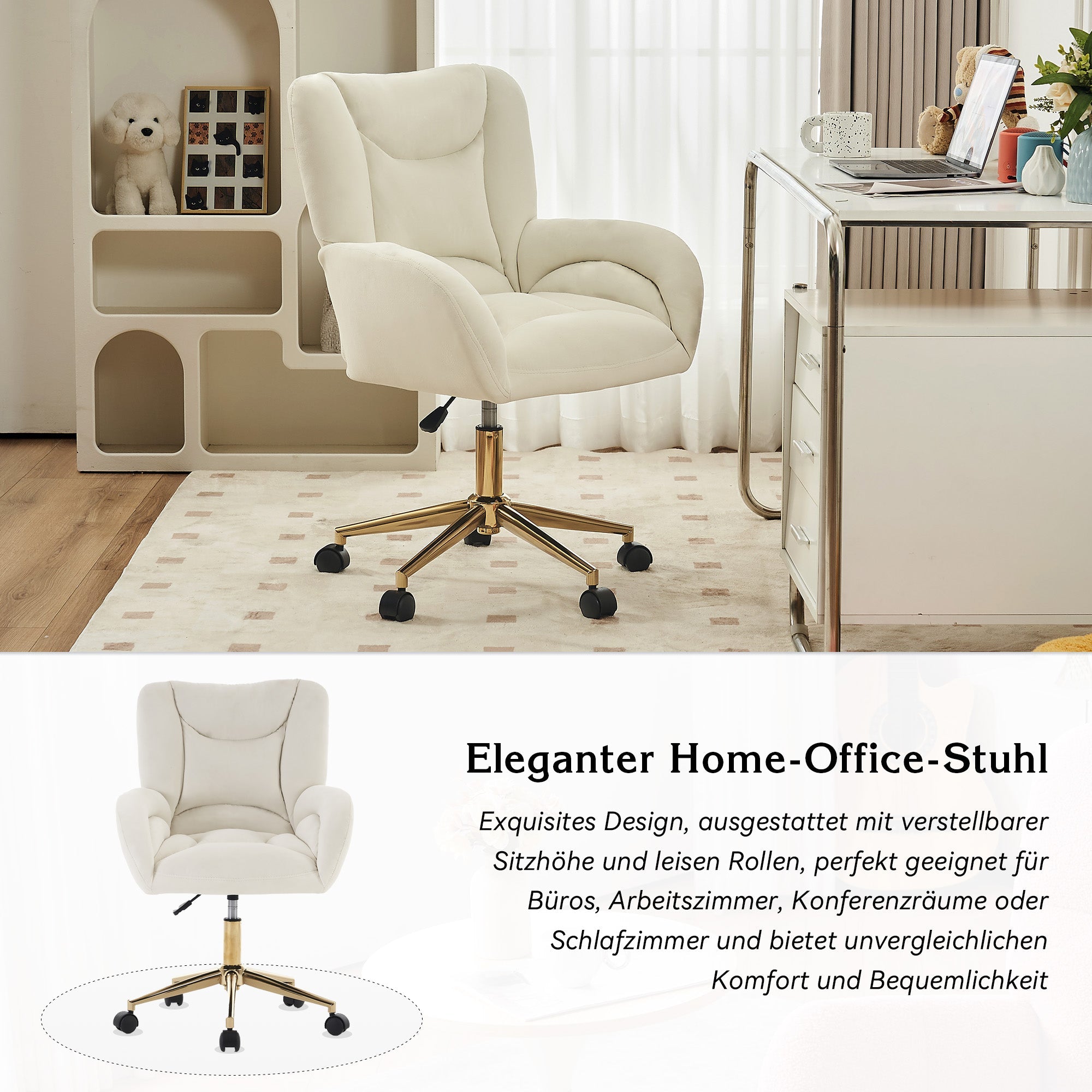 005 Swivel Chair, Full KD, Height Adjustable, Home Office, Velvet Fabric, Ivory