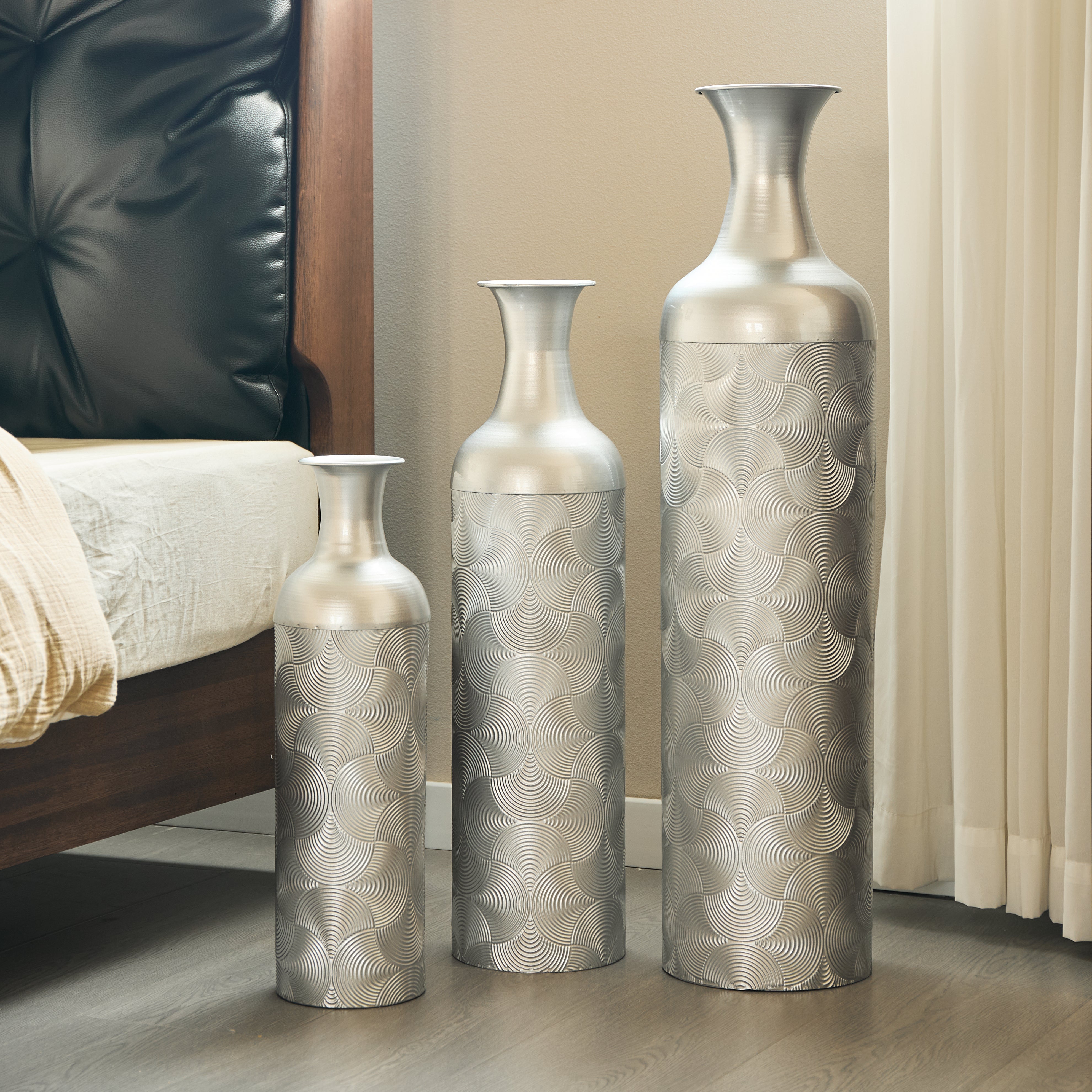 Silver Floor Vase Set 3 Decorative Vases 83/65/50cm High Metal