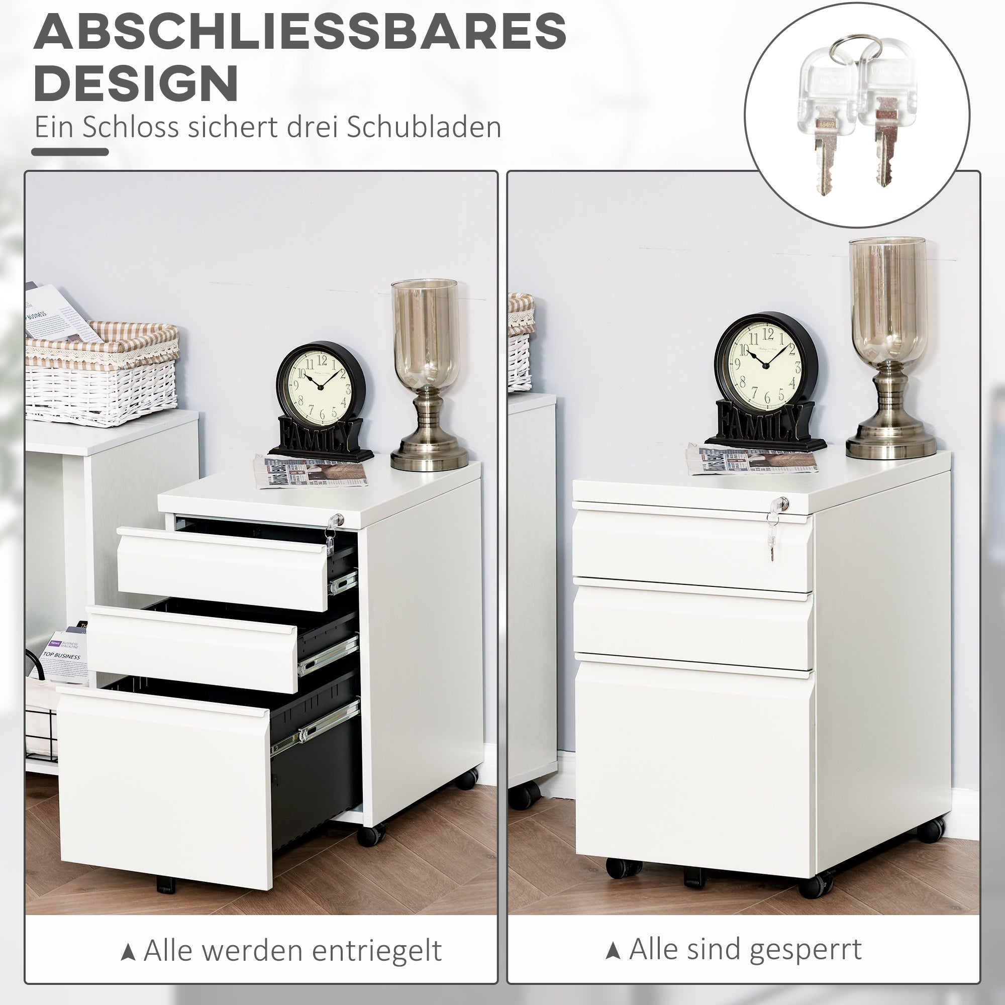 Vinsetto Mobile Office Cabinet, 3 Drawers Wheels, Steel White