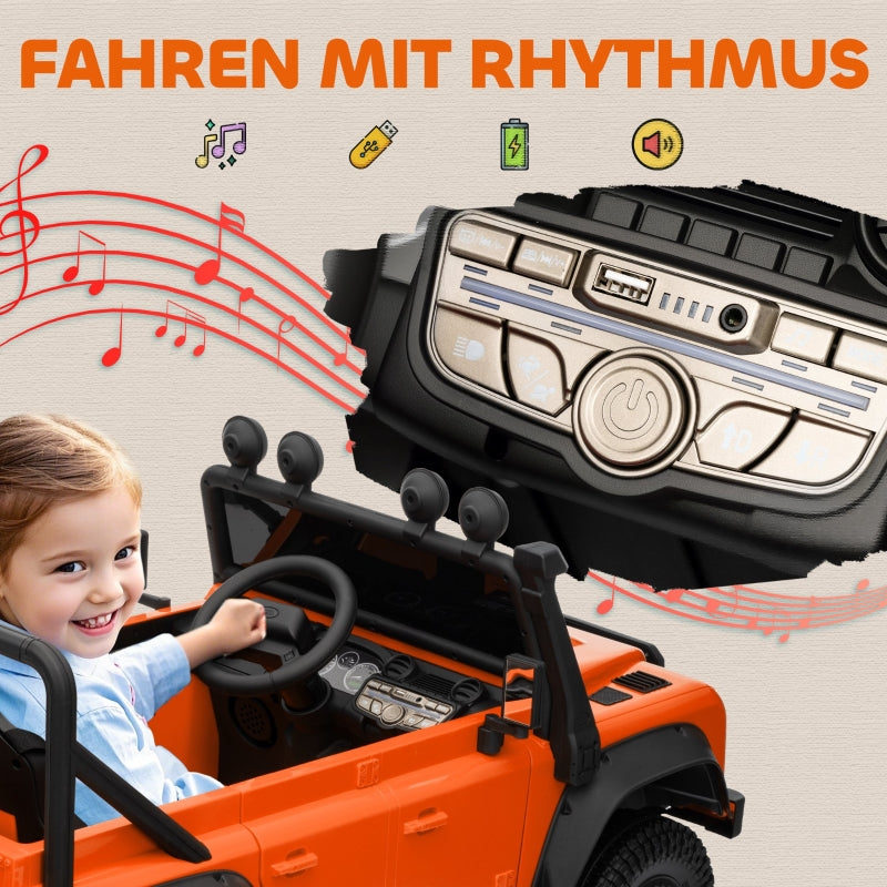 AIYAPLAY Electric Car, 12V Battery, Remote Control, Music, Horn, LED Lights, Orange