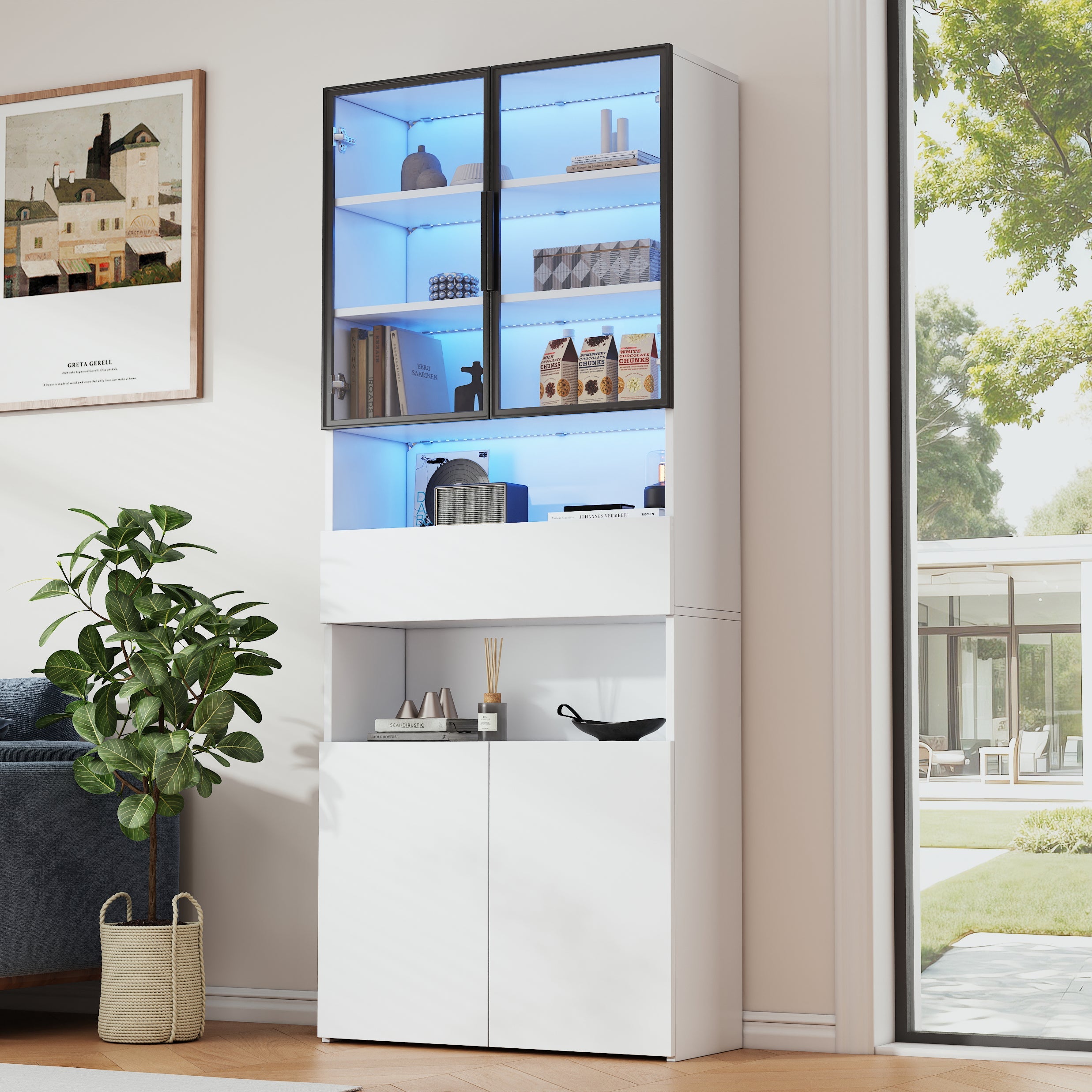 Display Cabinet with Drawers, Glass Doors & LED Lighting, 70x30x200cm, White