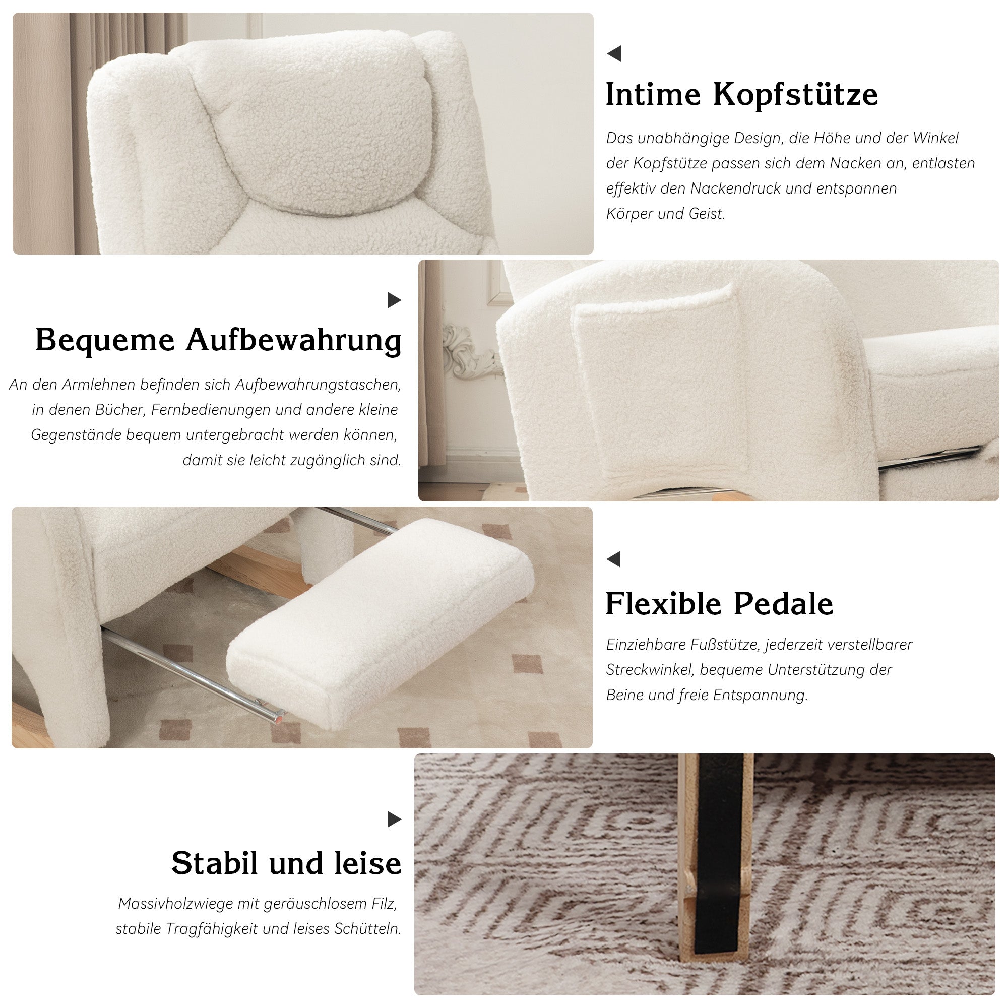 052 Rocking Chair, Upholstered with Armrest, 110 kg, White Teddy Fabric