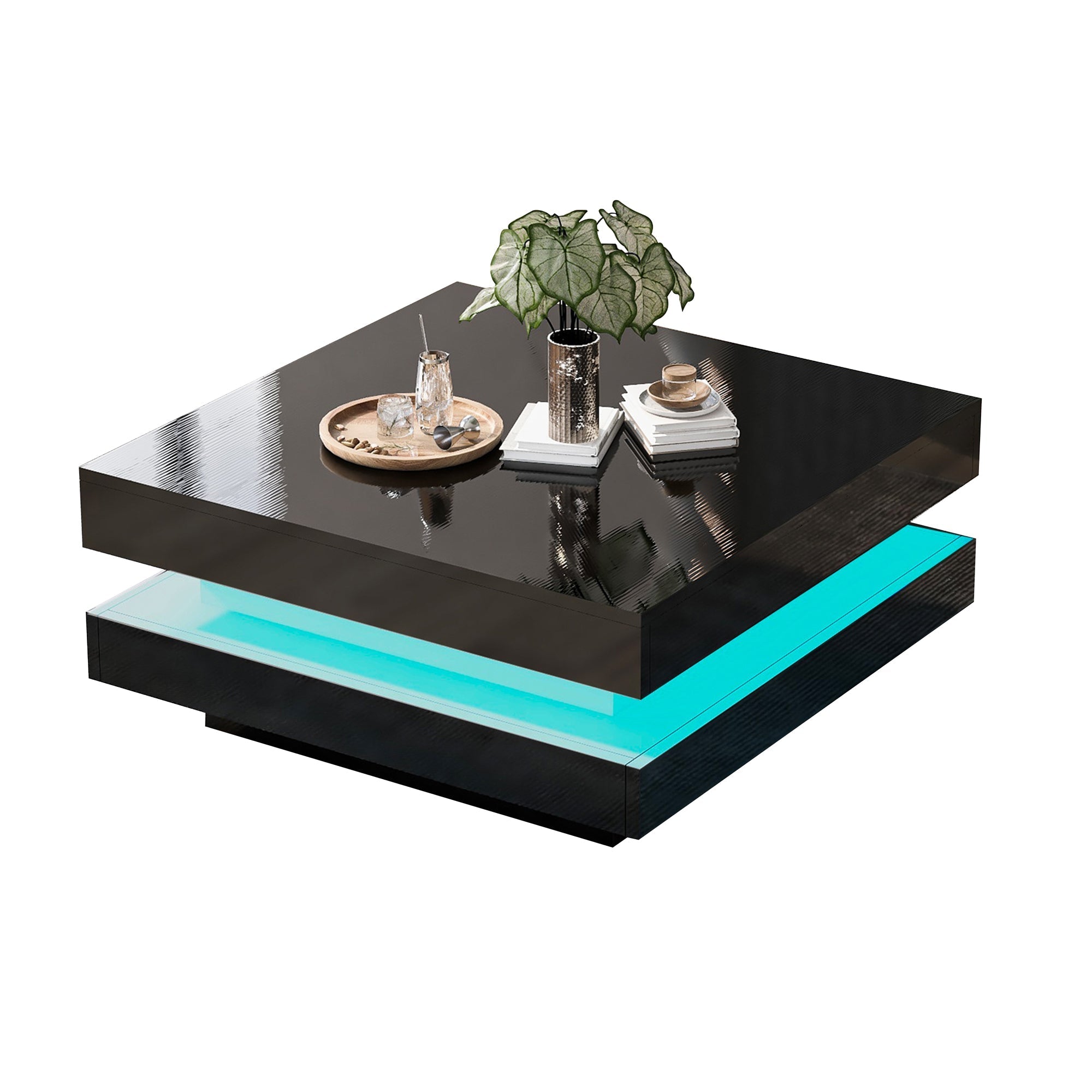 Black Square High Gloss Coffee Table with 360° Rotating Top, Tea Table with 16-Color LED light, 70x70x36 cm