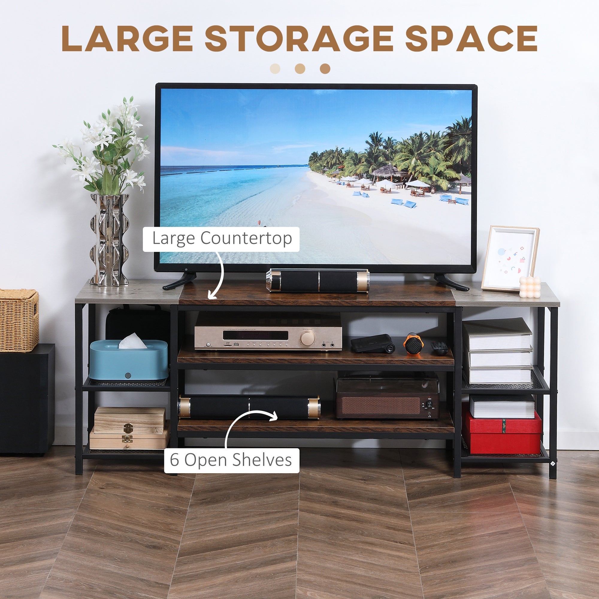 TV Unit Cabinet for TVs up to 60 Inches, Industrial Stand with Storage Shelves, Brown and Grey