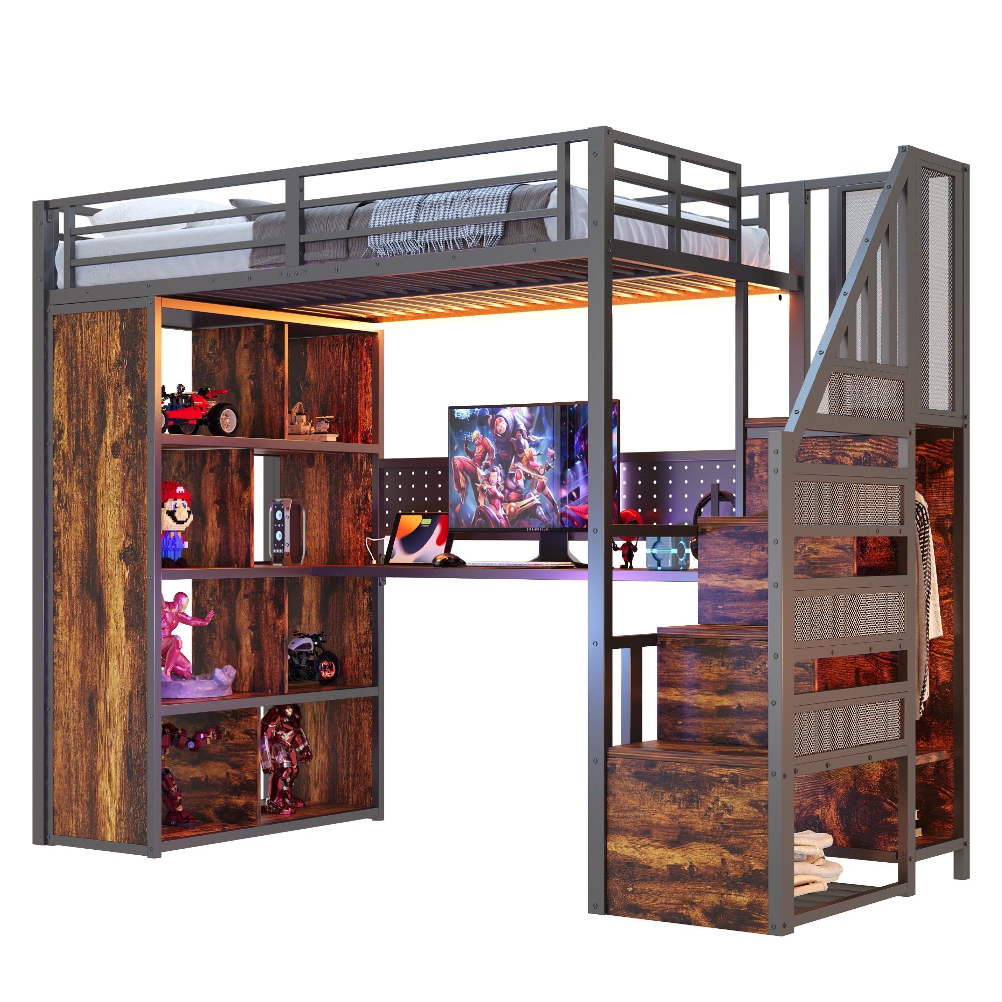 Metal Loft Bed with Wardrobe, Desk and LED Light Strip, Black Metal