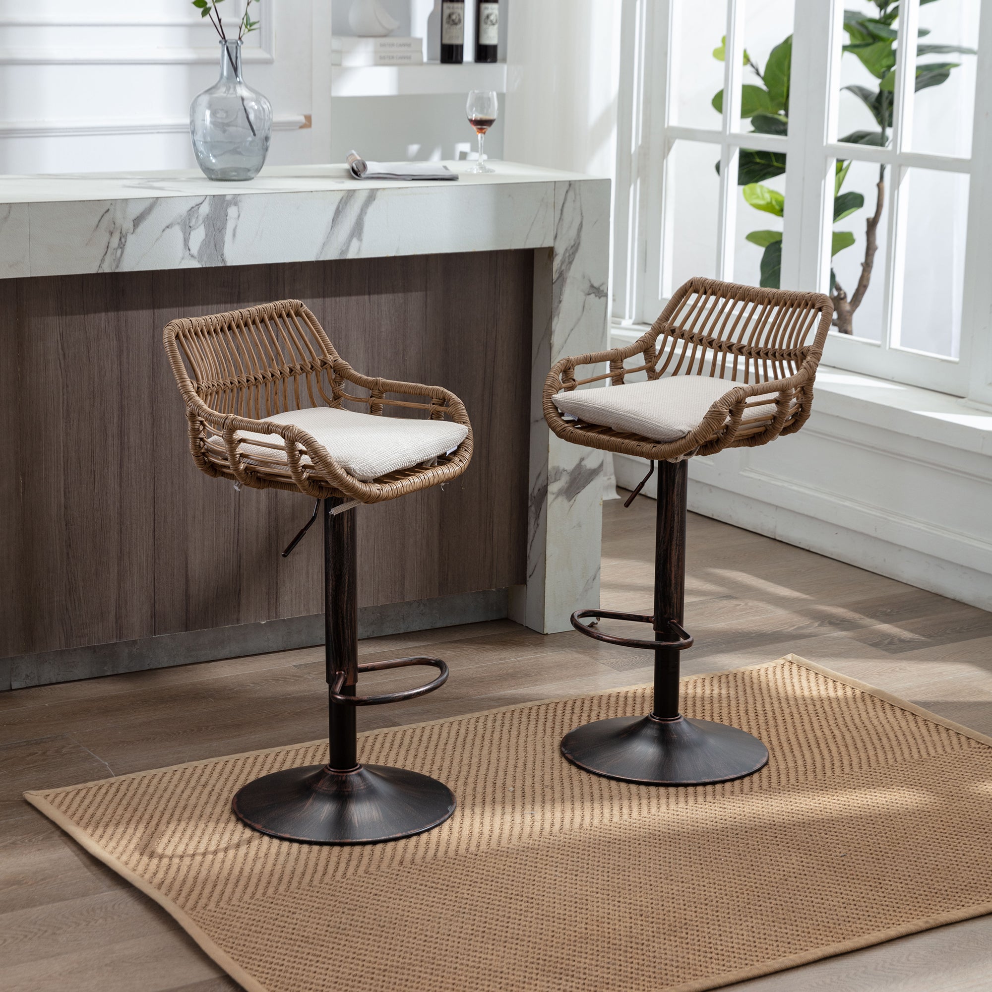 Modern Bar Stool Set of 2, Adjustable with Footrest, Beige