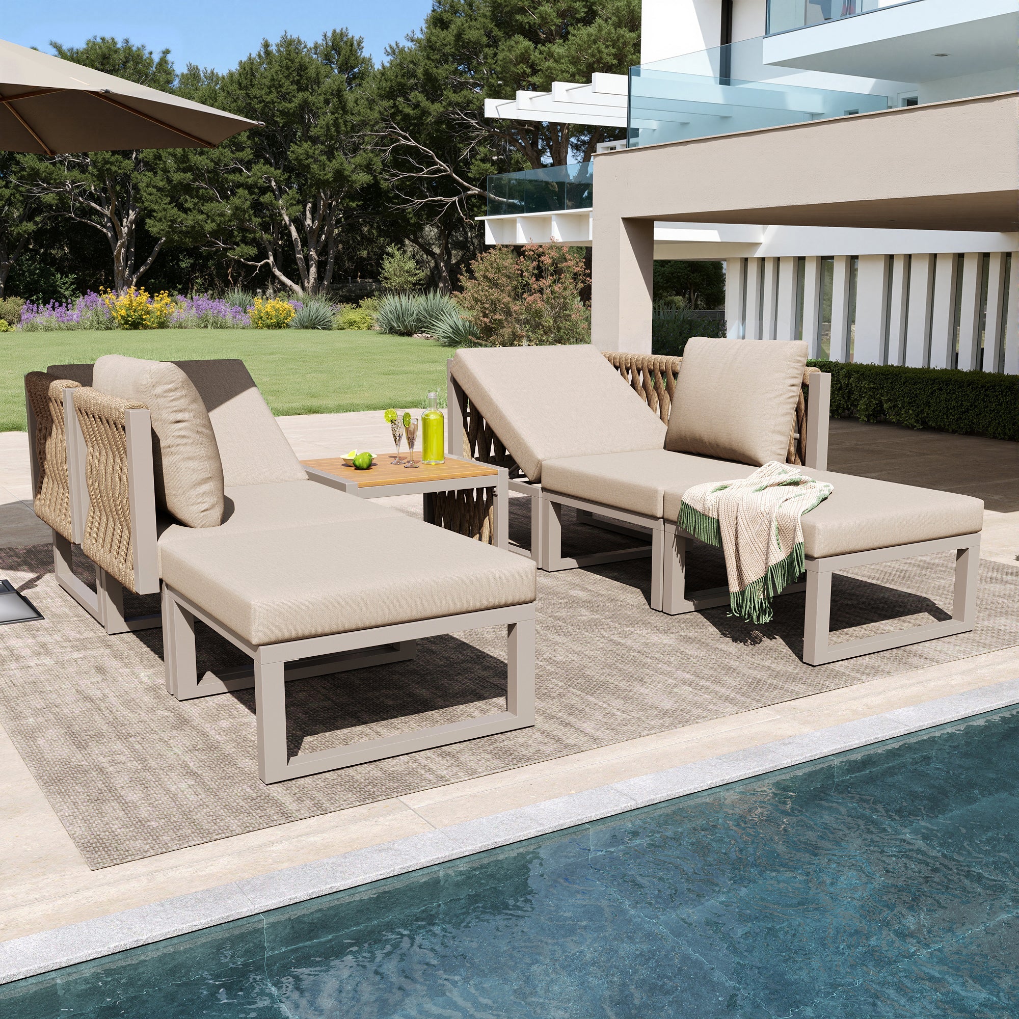 Garden Furniture Set 6 Person Double Lounger Adjustable Backrest Cushions - Beige