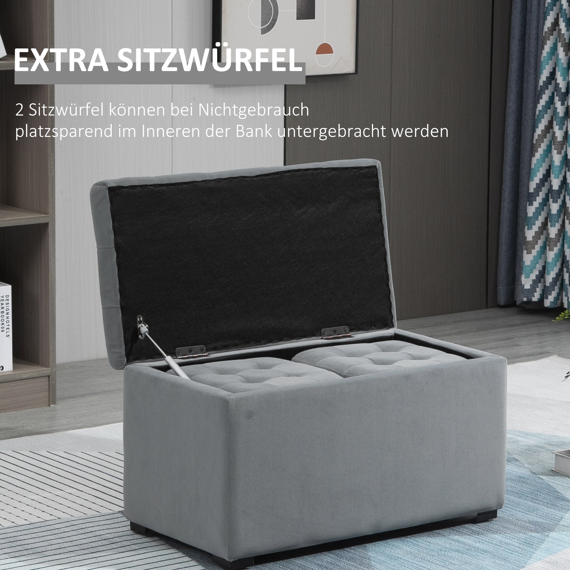 Bench with storage, 2 stools, upholstered, foldable, 130 kg, 75x40x42cm