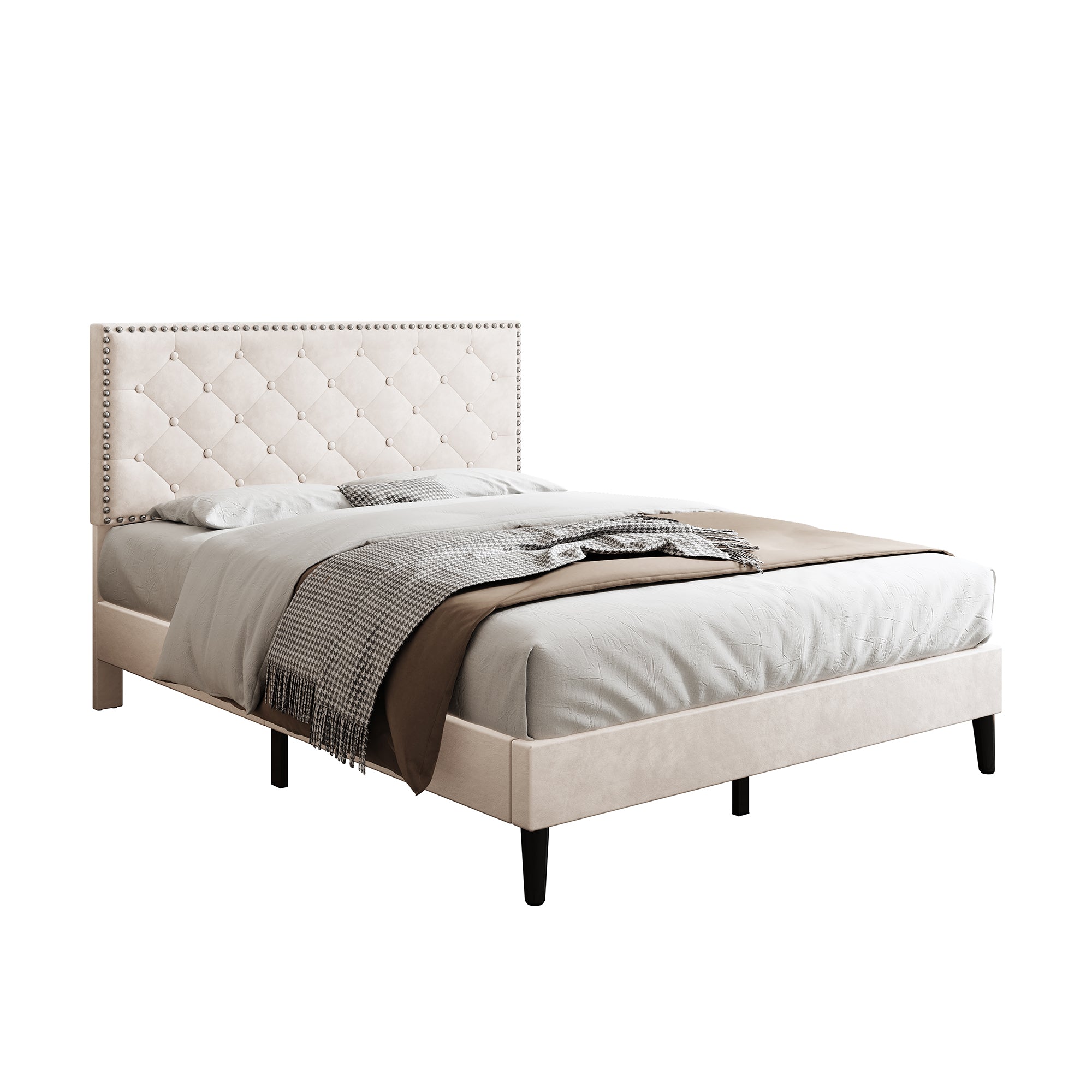 4ft6 Double Upholstered Velvet Bed Frame, Adjustable Button-Tufted & Riveted Headboard, Beige Velvet