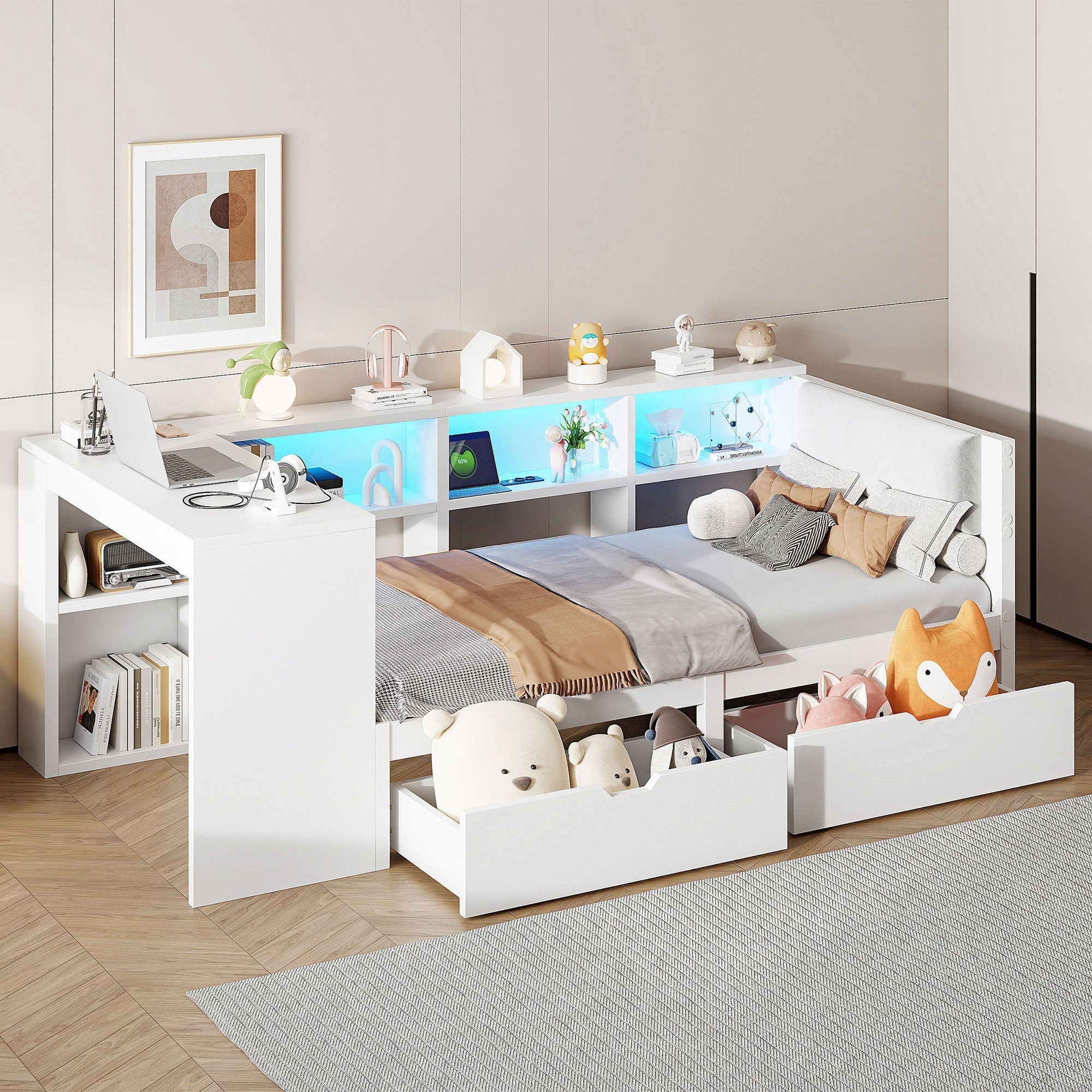 Platform Bed 90x200 Storage Drawers Shelves Upholstered Headboard LED - White