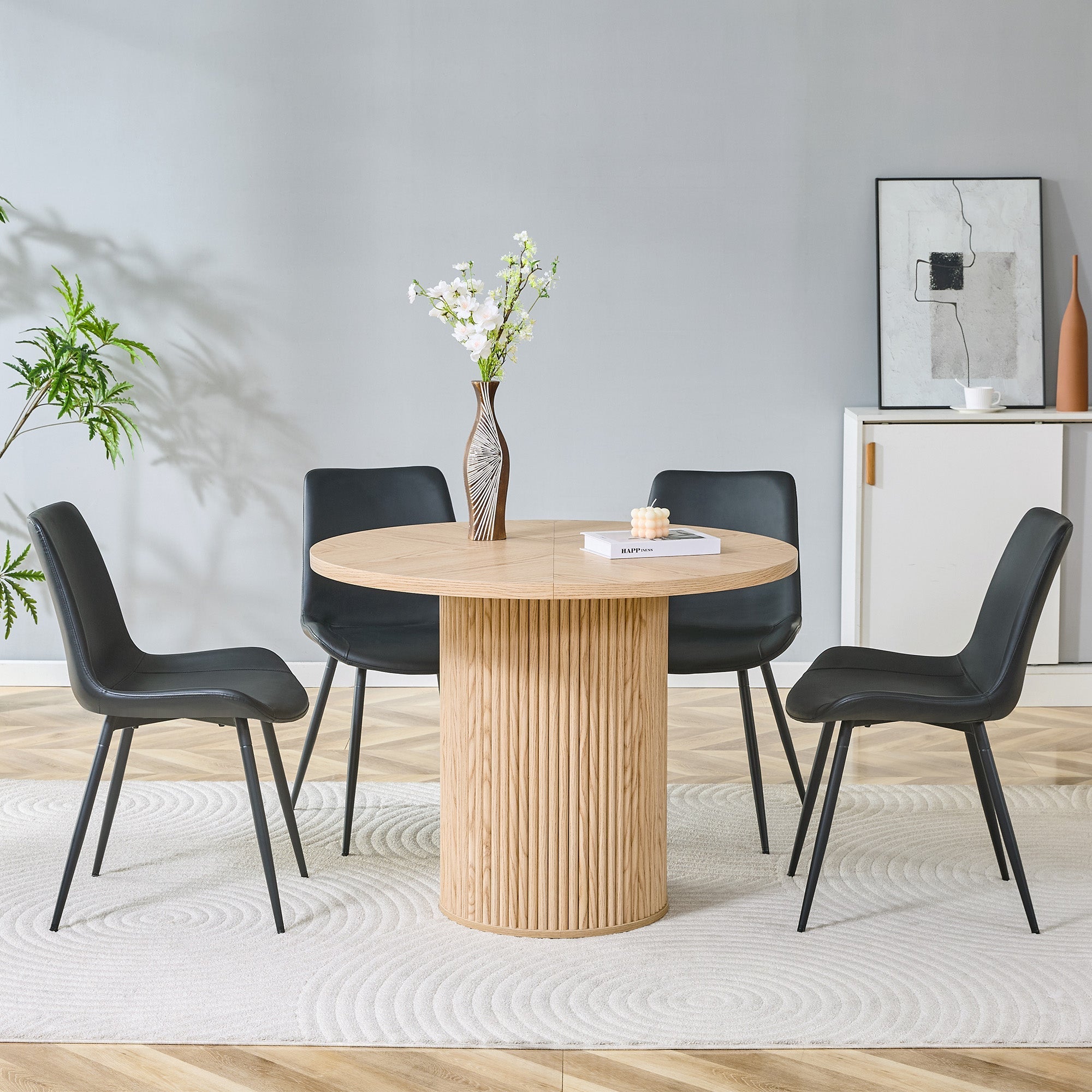 Round Dining Set 100cm MDF Table 4 Chairs - Light Wood Look/Black Faux Leather