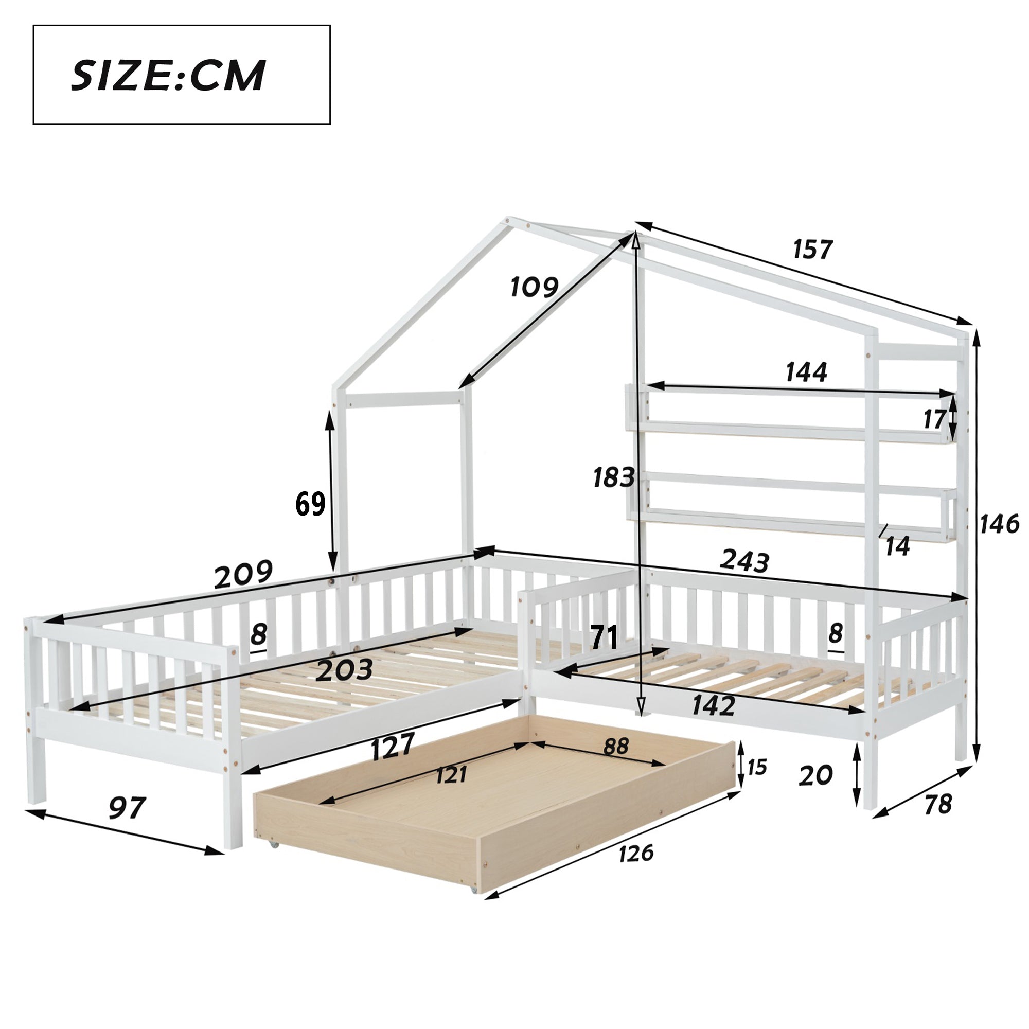 Children's House Bed with Drawers & Shelves, L-Shaped Solid Wood, White