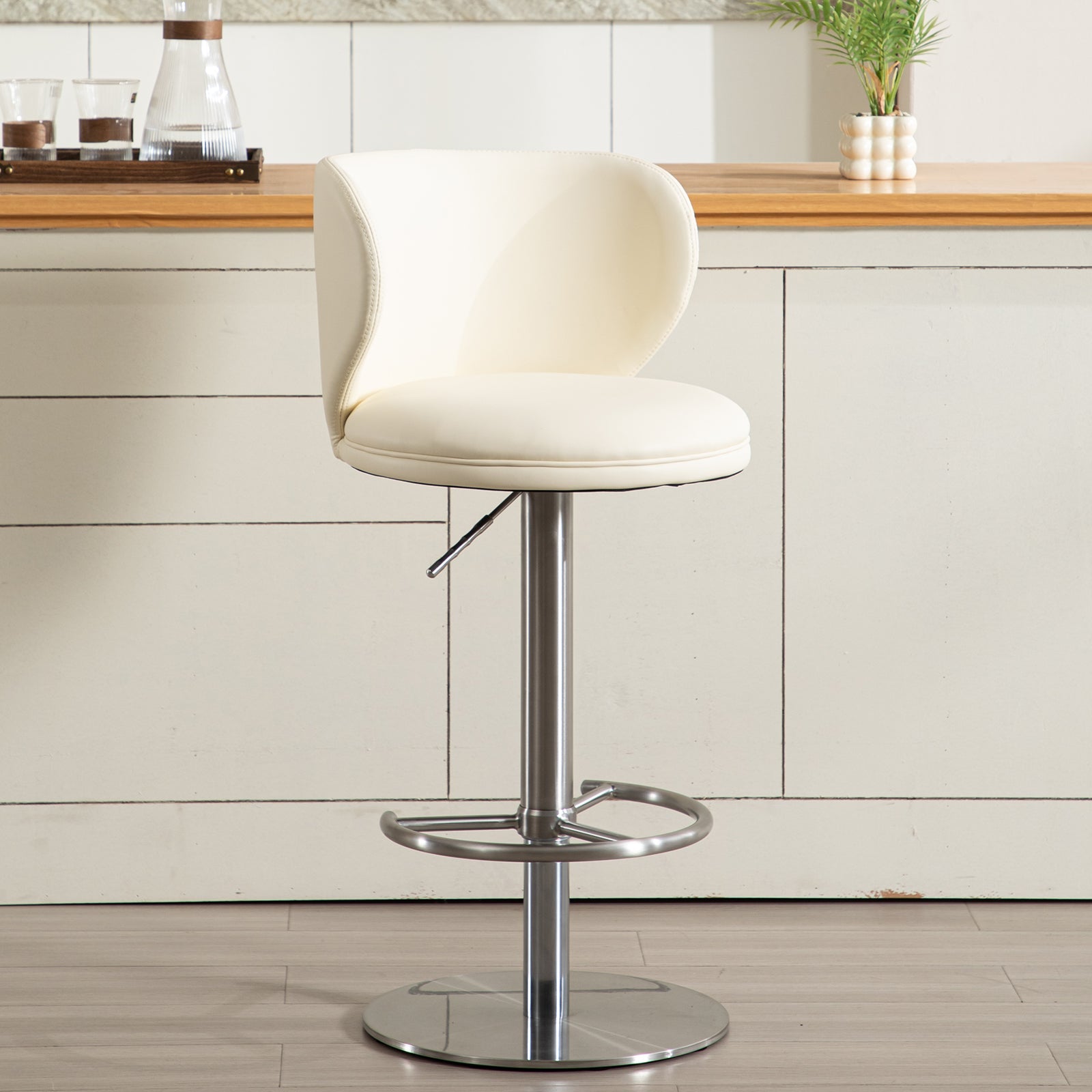 Bar Stools Swivel Adjustable Height Backrest Black Leather and Steel