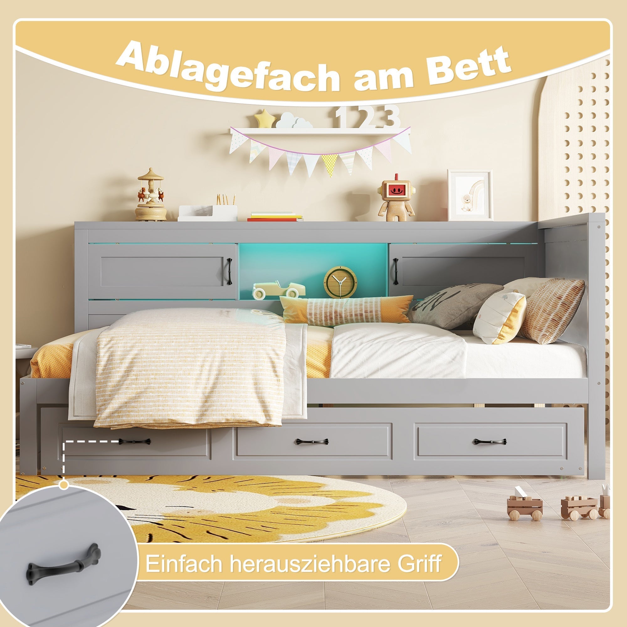 Sofa Bed Daybed 90x200cm Pull-out Bed LED Storage USB Outlet - Grey