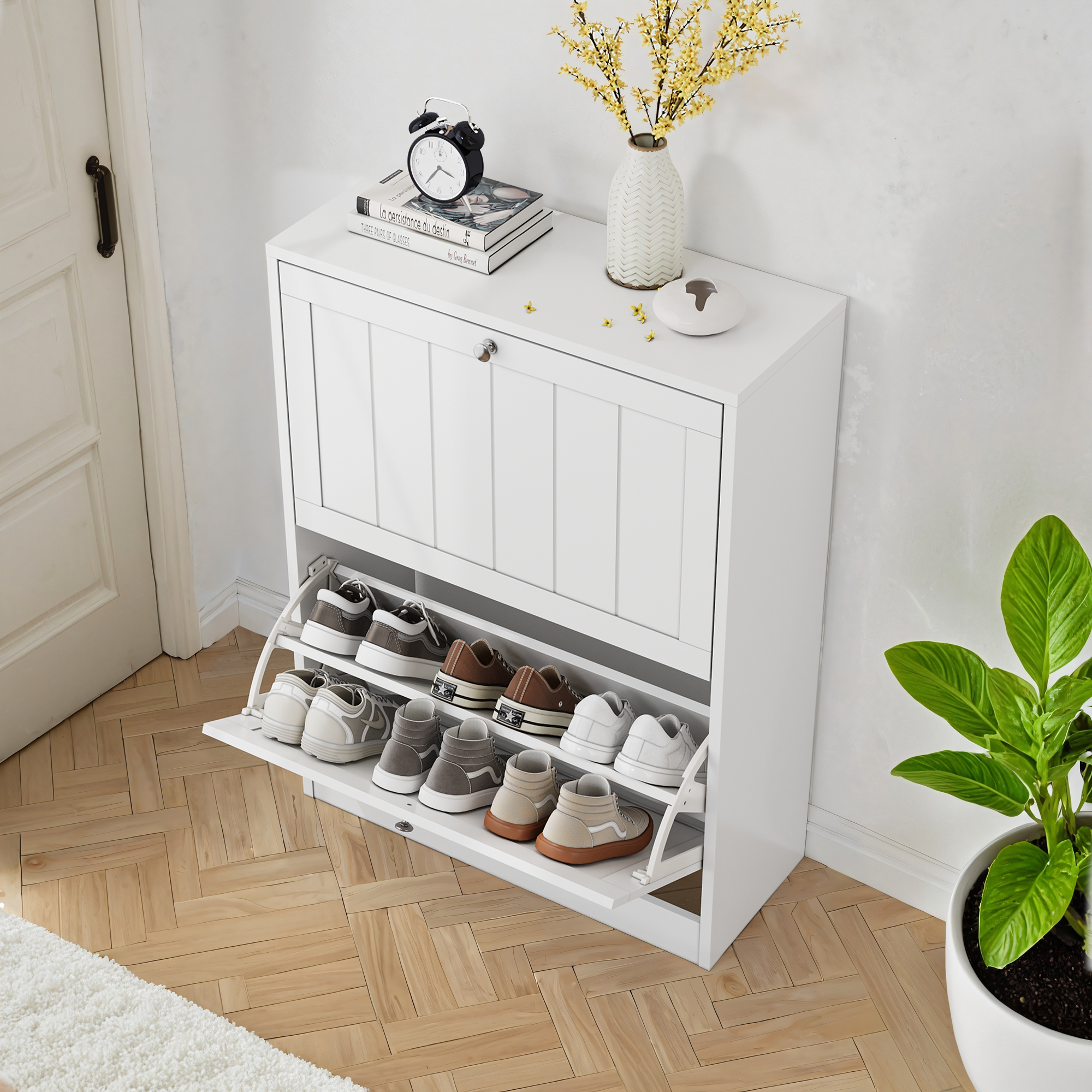 Shoe Cabinet 60cm Mid-Century Modern Freestanding 2 Drop-Down Drawers - White