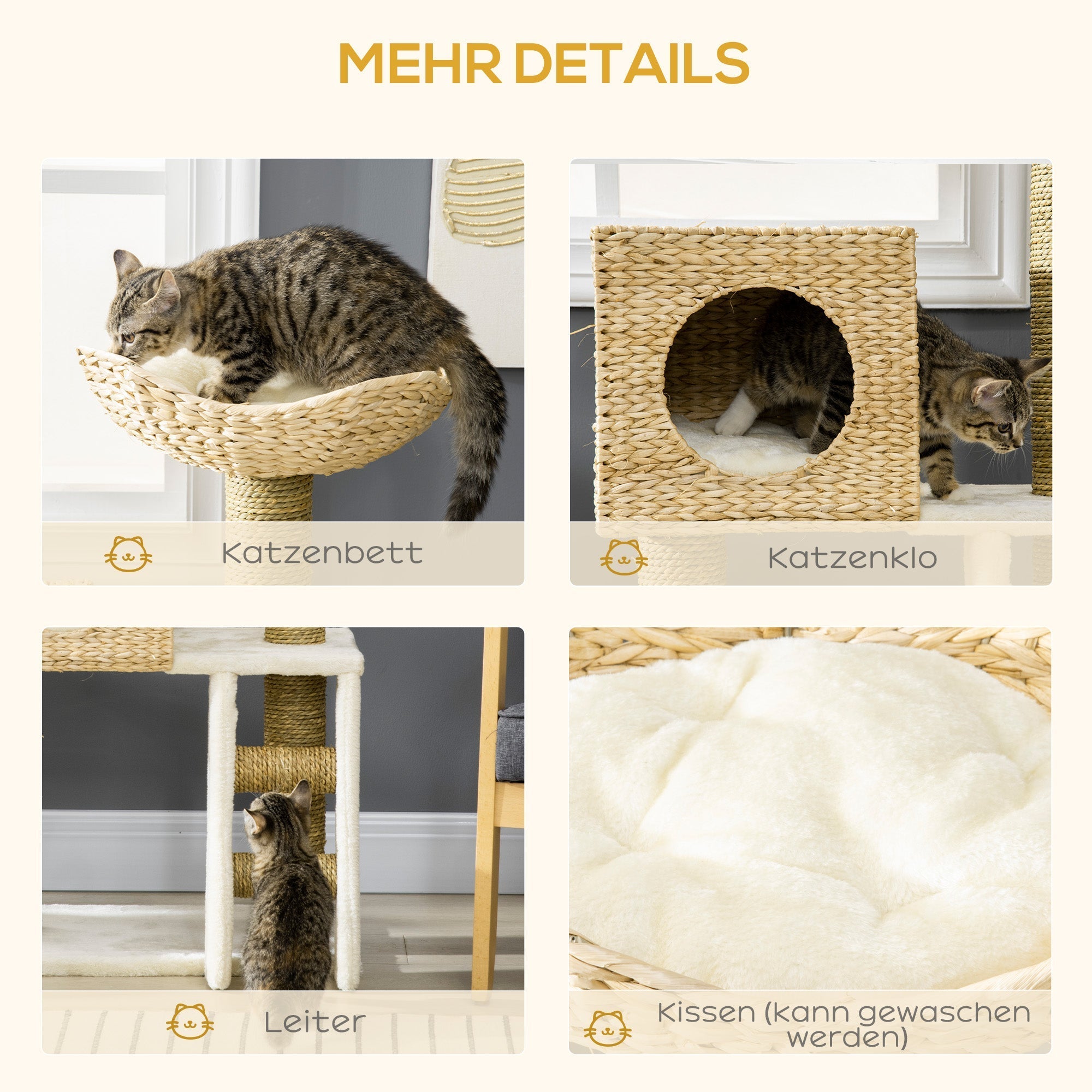 Katzenkratzbaum, 100,5 cm hoch, Katzenhöhle, Bett, Treppe, Sisal, Natur