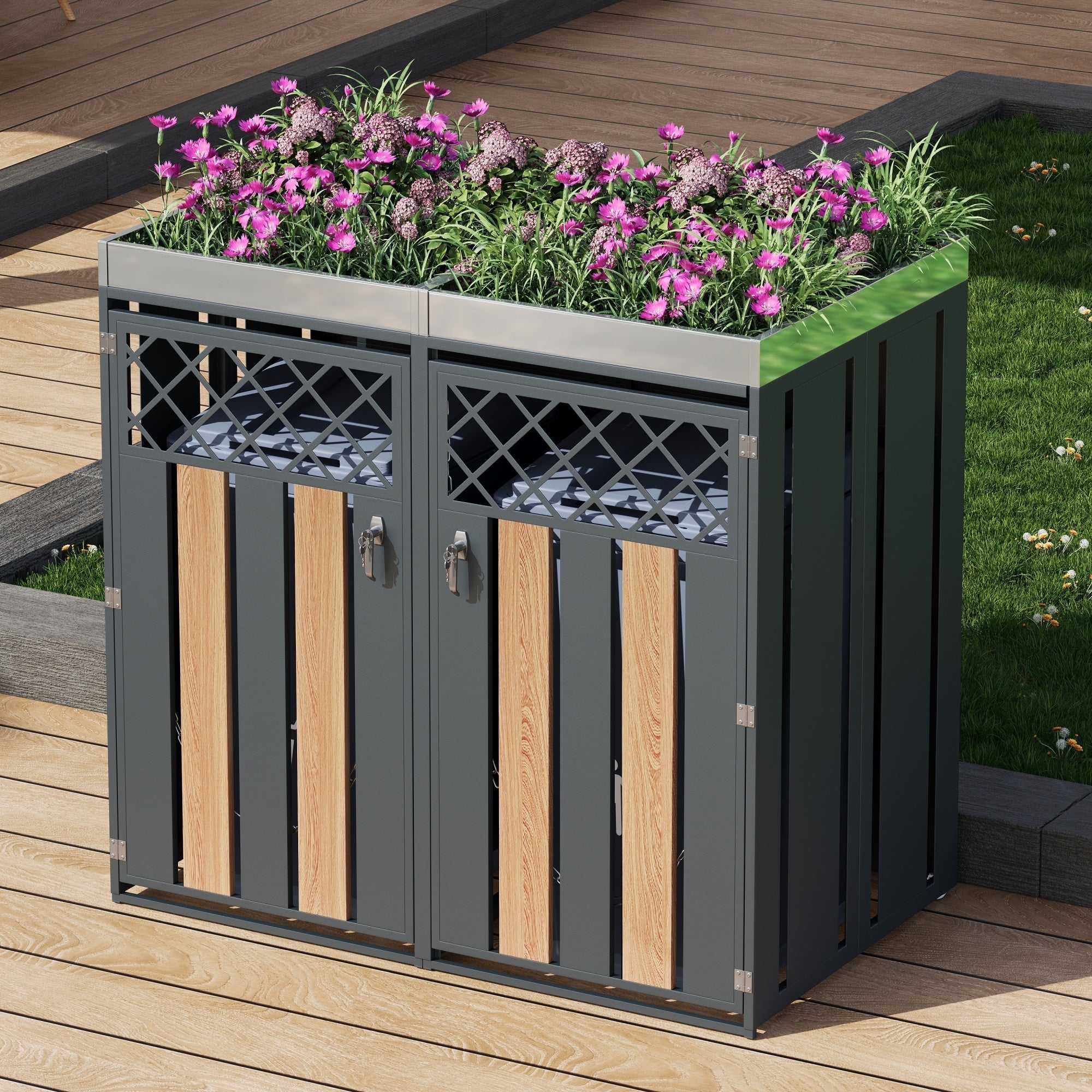 Garbage Can Enclosure with Diamond Ventilation and Planting Area, Lockable 2-Door, Steel