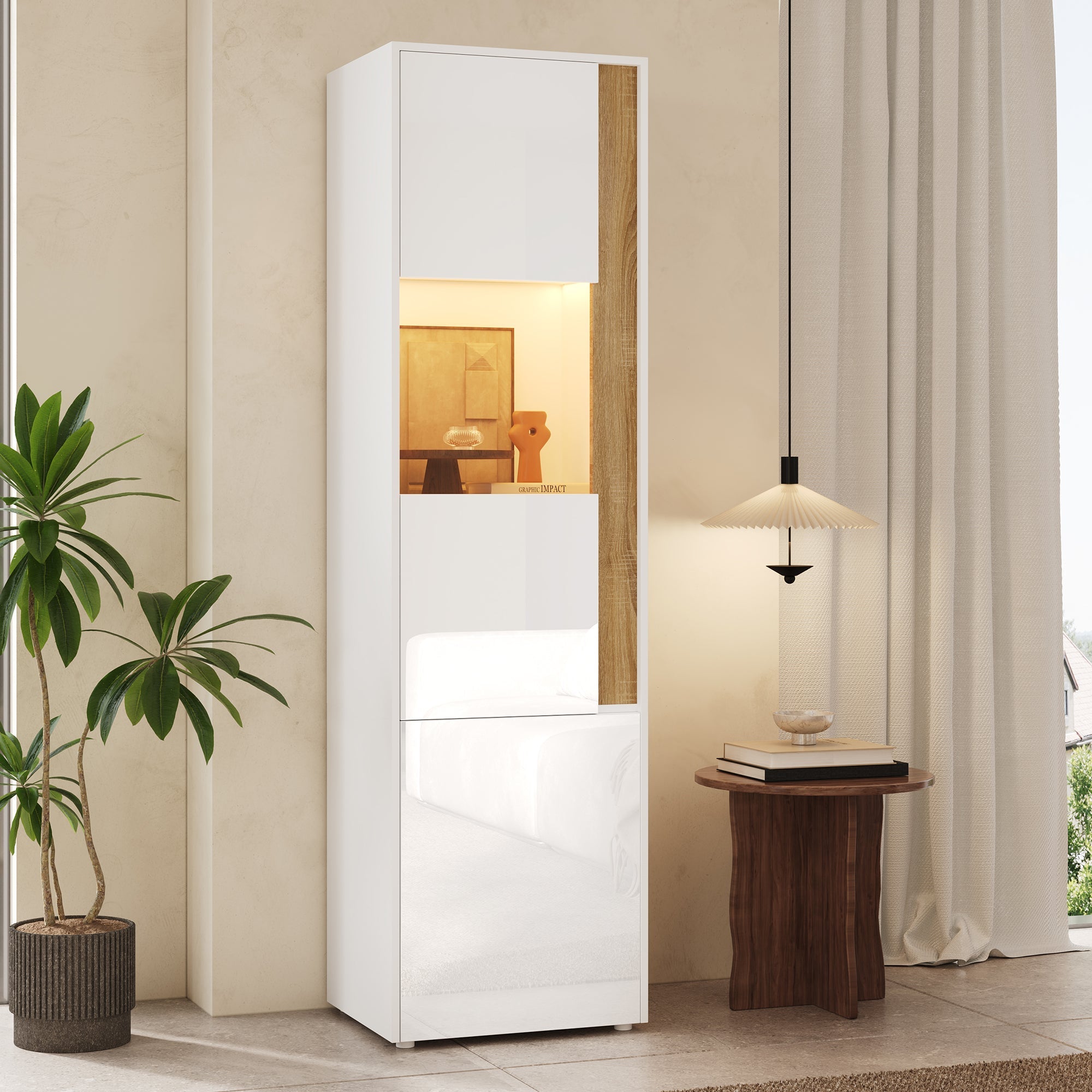 Display Cabinet Tall Storage Unit with LED Lighting 2 Doors White/Natural